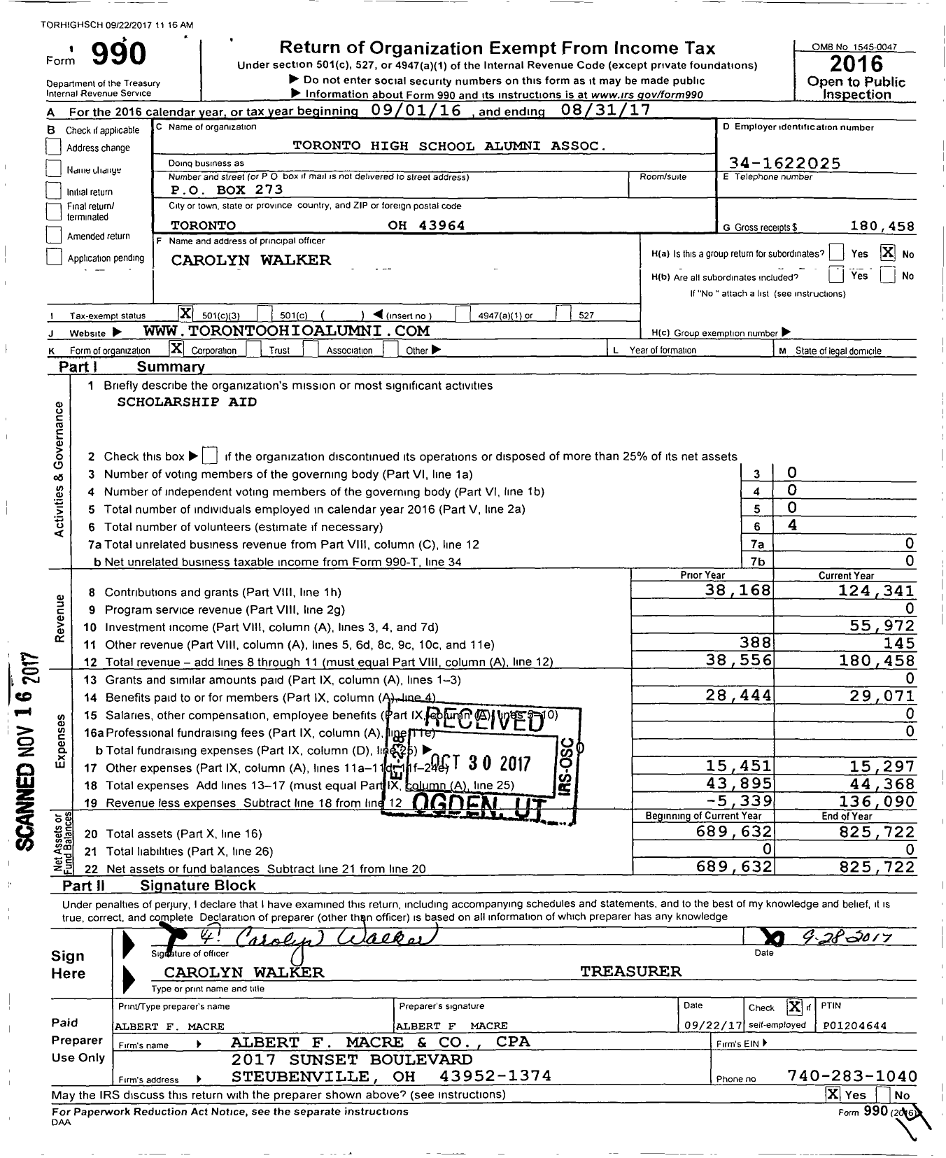 Image of first page of 2016 Form 990 for Toronto High School Alumni Association