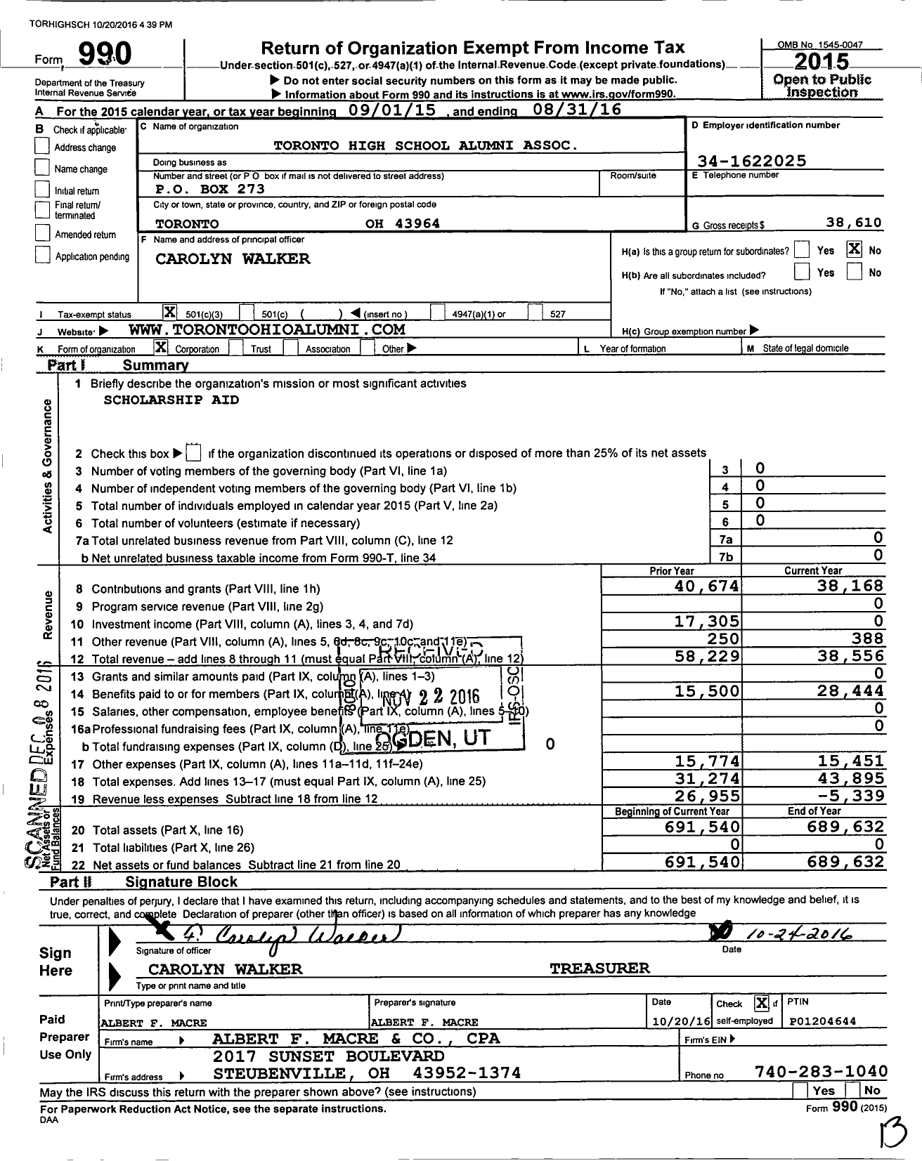 Image of first page of 2015 Form 990 for Toronto High School Alumni Association