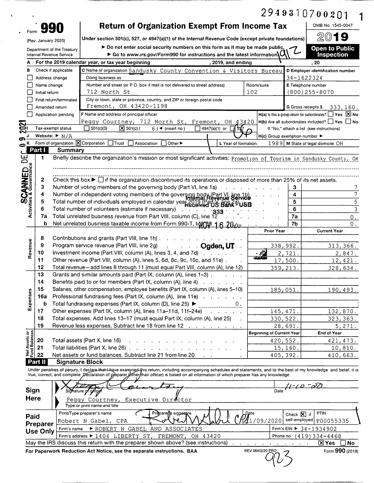 Image of first page of 2019 Form 990O for Sandusky County Convention and Visitors