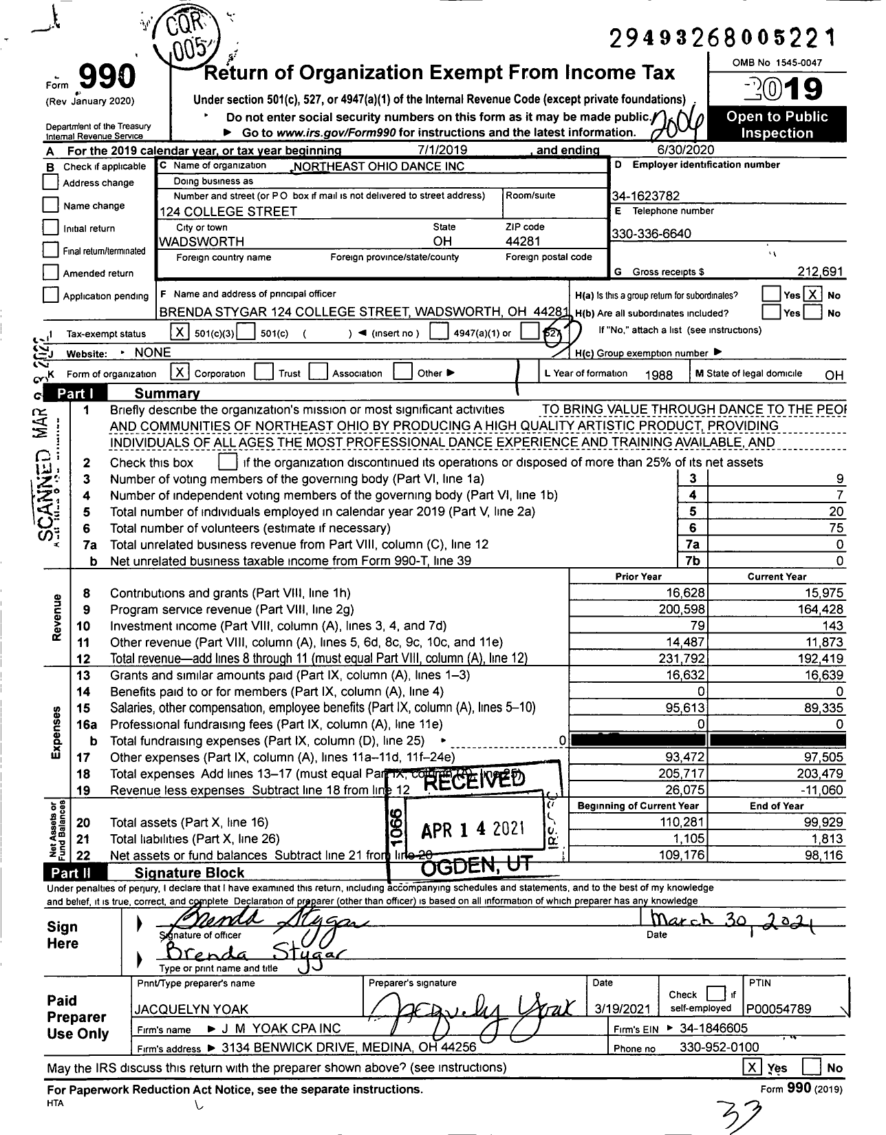 Image of first page of 2019 Form 990 for Northeast Ohio Dance