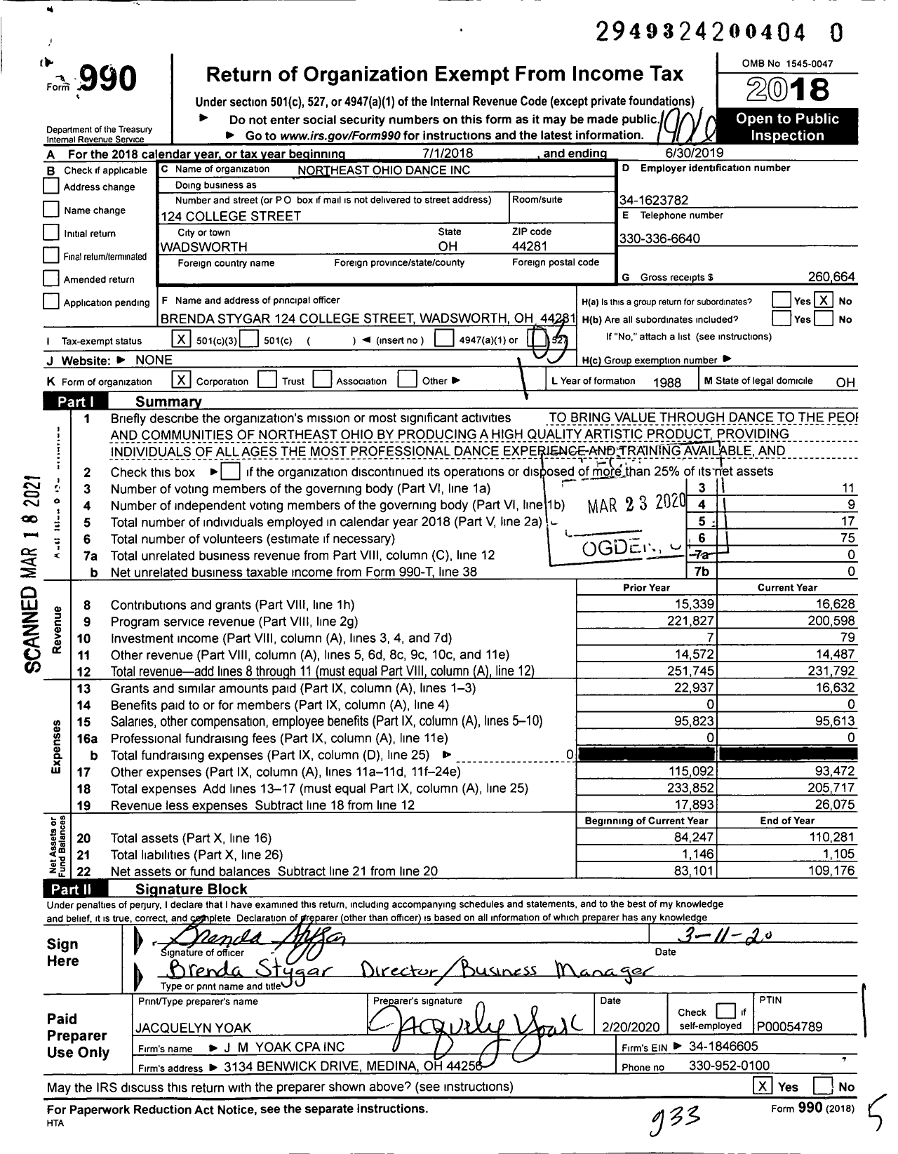 Image of first page of 2018 Form 990 for Northeast Ohio Dance