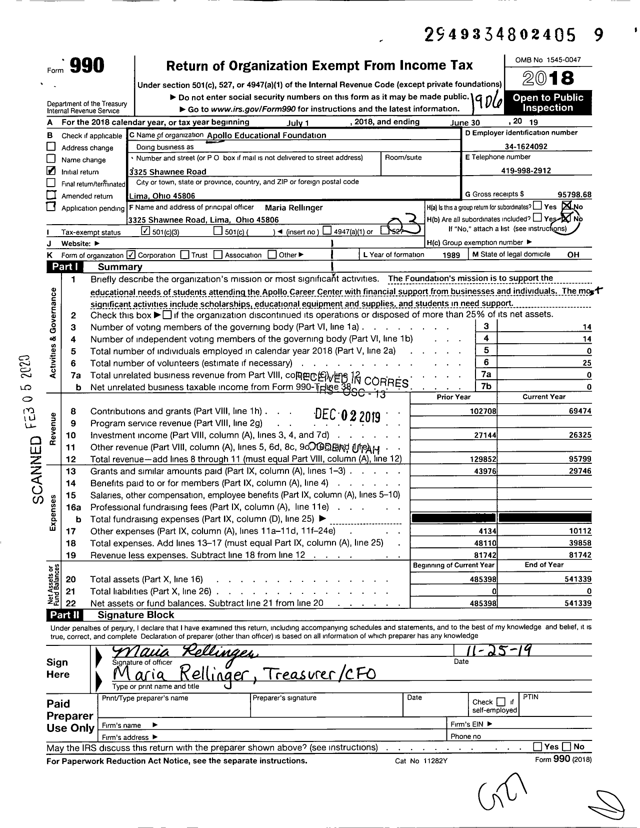 Image of first page of 2018 Form 990 for Apollo Educational Foundation