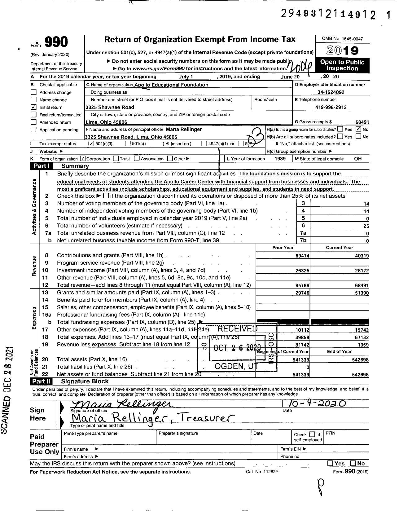 Image of first page of 2019 Form 990 for Apollo Educational Foundation