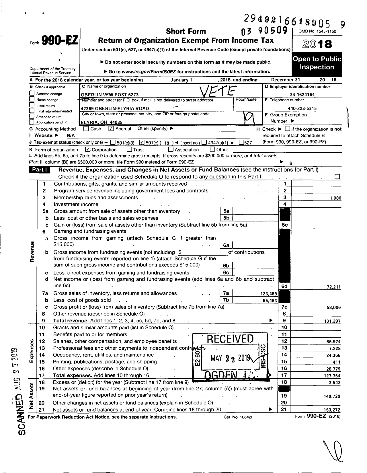 Image of first page of 2018 Form 990EO for Oberlin VFW Post 6273