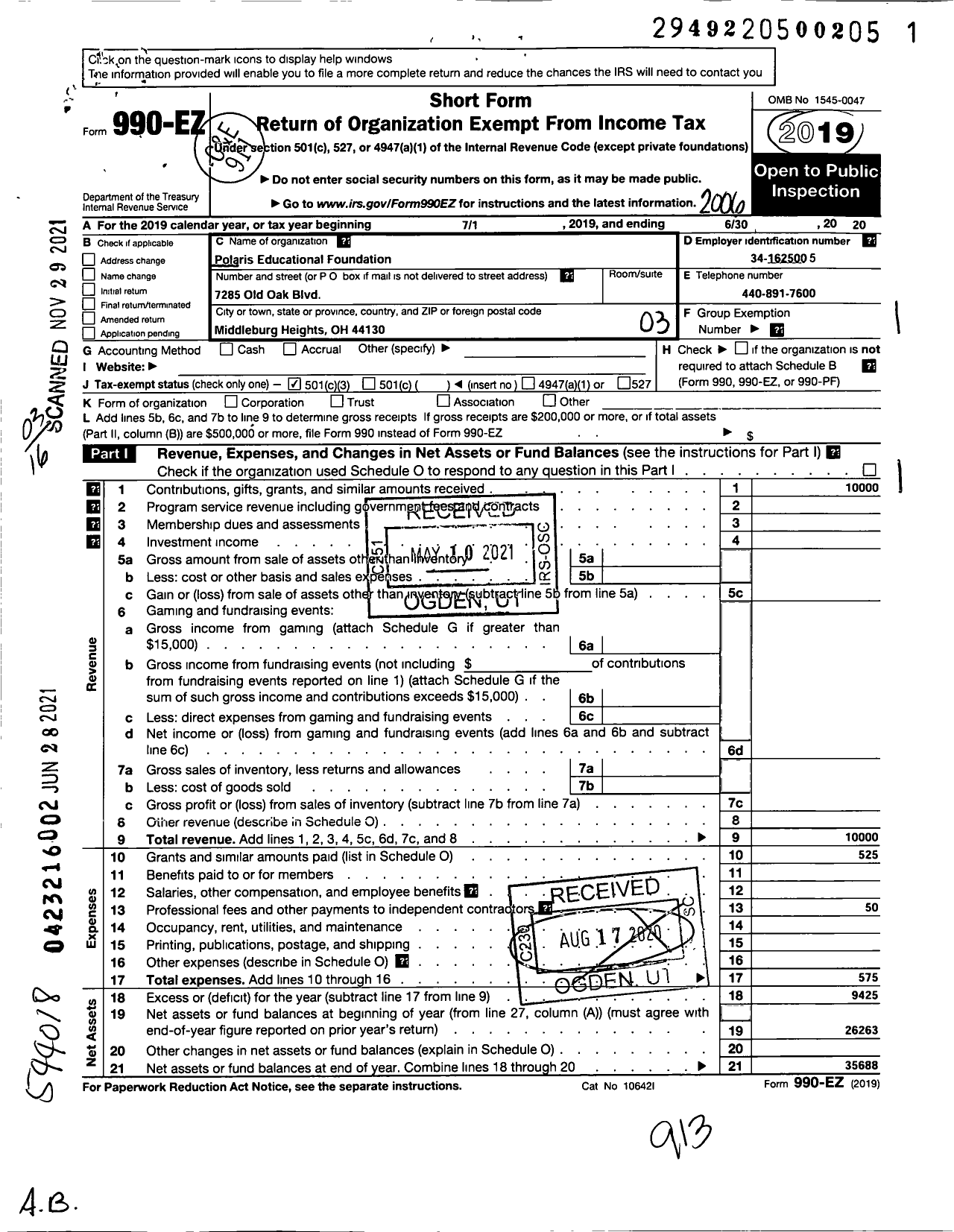 Image of first page of 2019 Form 990EZ for Polaris Educational Foundation