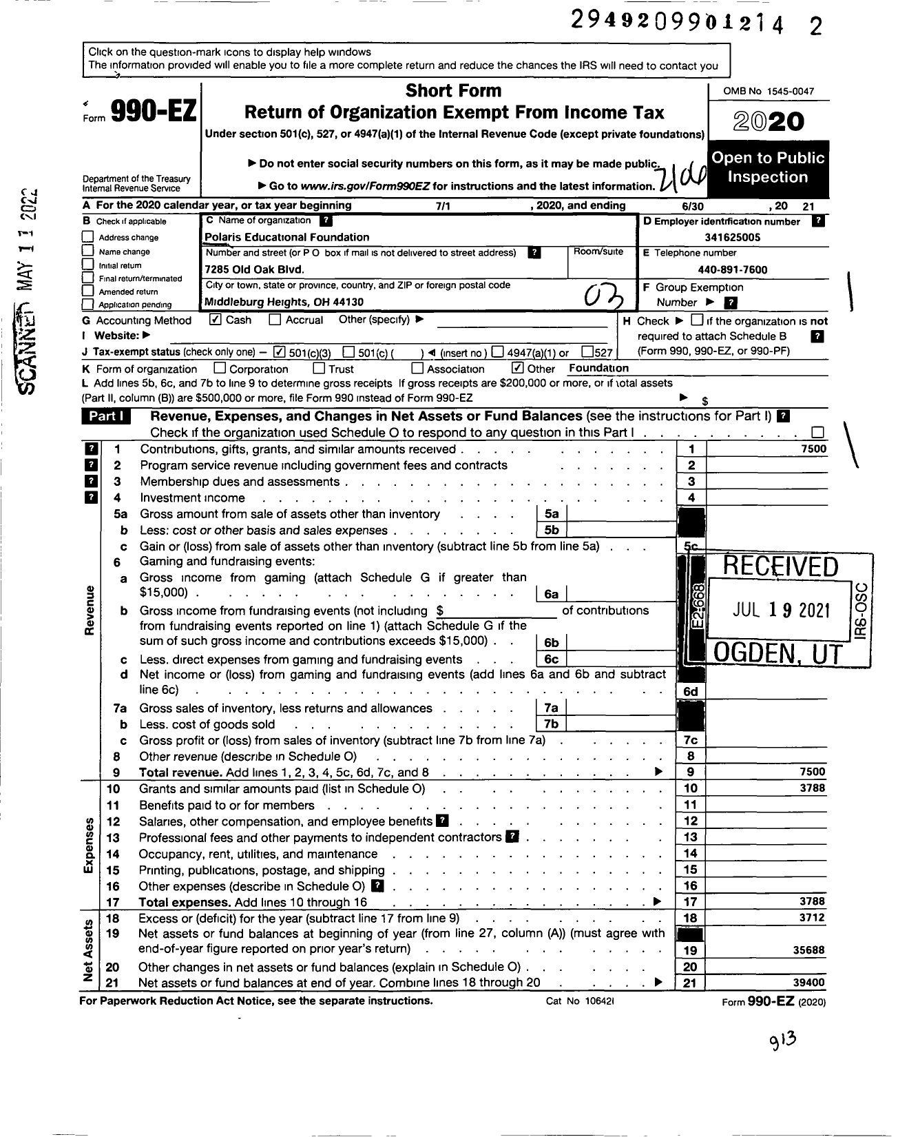 Image of first page of 2020 Form 990EZ for Polaris Educational Foundation