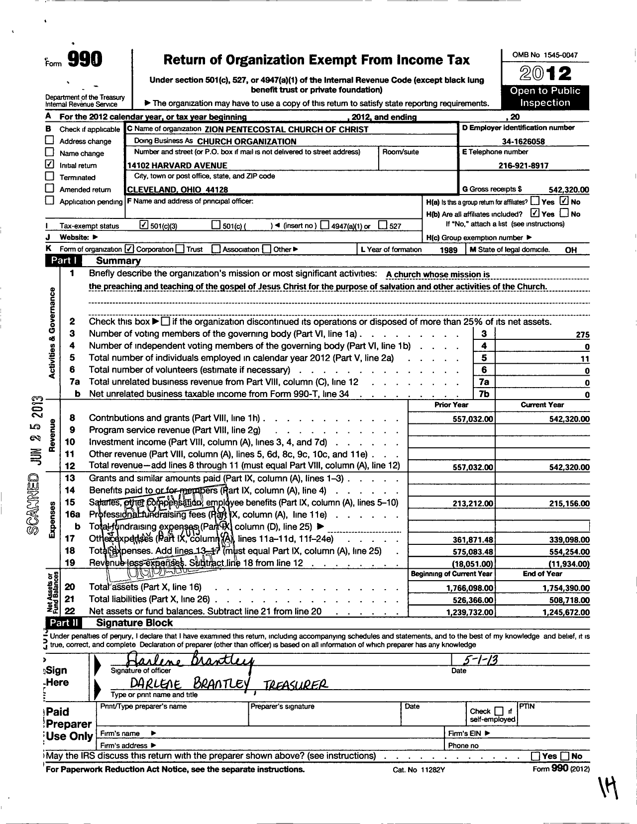 Image of first page of 2012 Form 990 for Zion Pentecostal Church of Christ