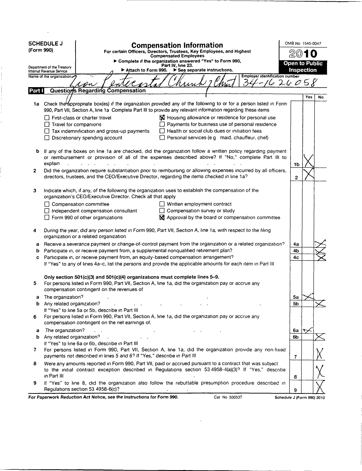 Image of first page of 2010 Form 990R for Zion Pentecostal Church of Christ