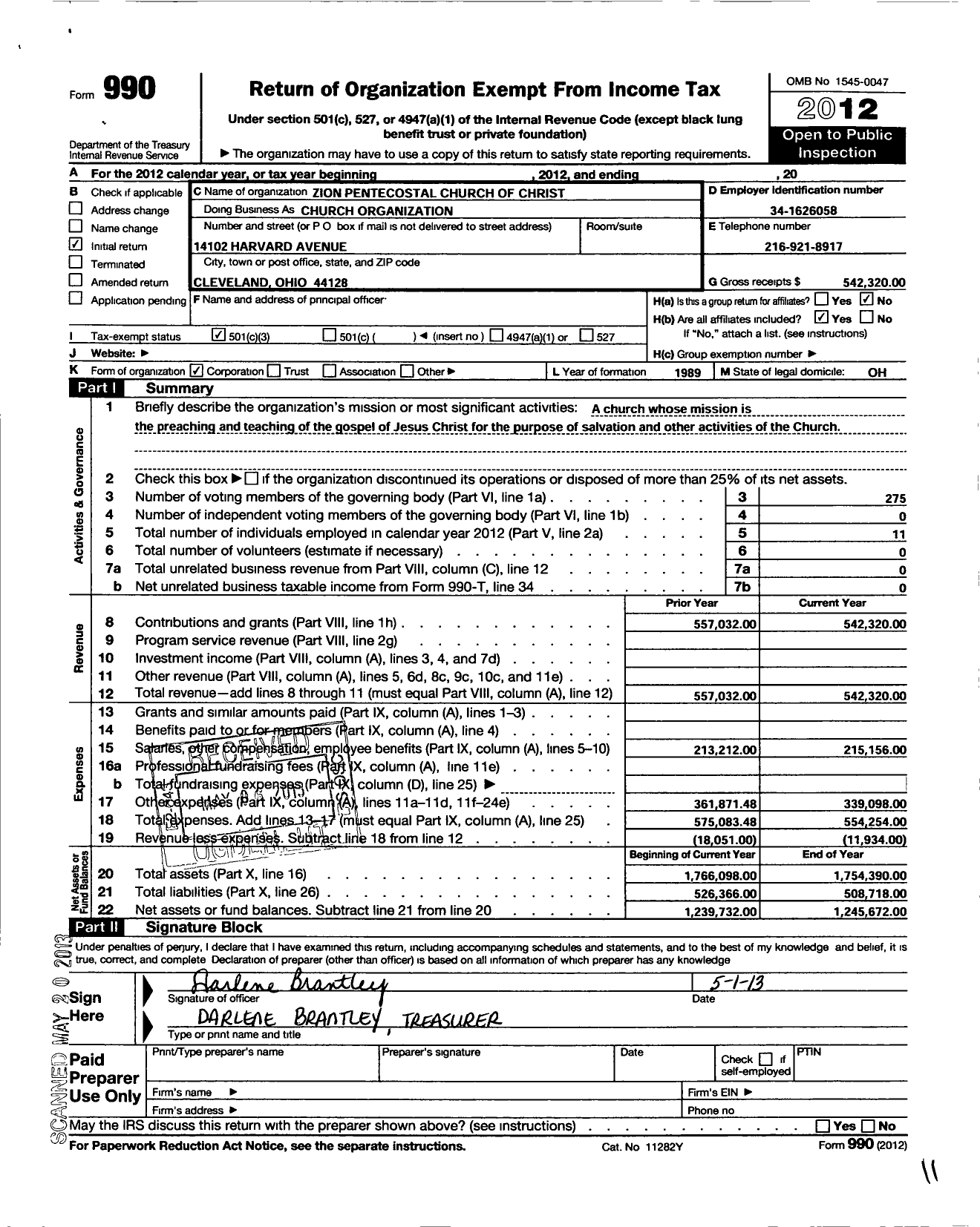 Image of first page of 2012 Form 990EZ for Zion Pentecostal Church of Christ