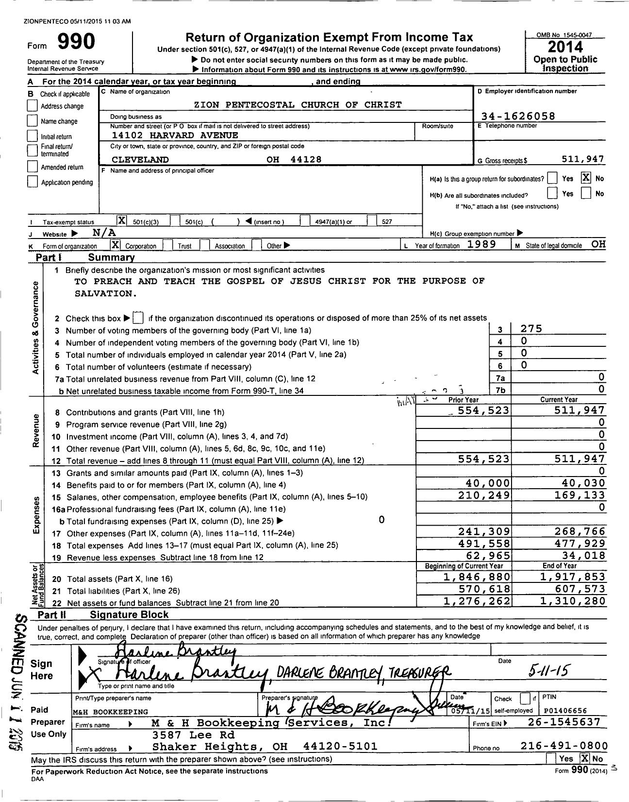 Image of first page of 2014 Form 990 for Zion Pentecostal Church of Christ