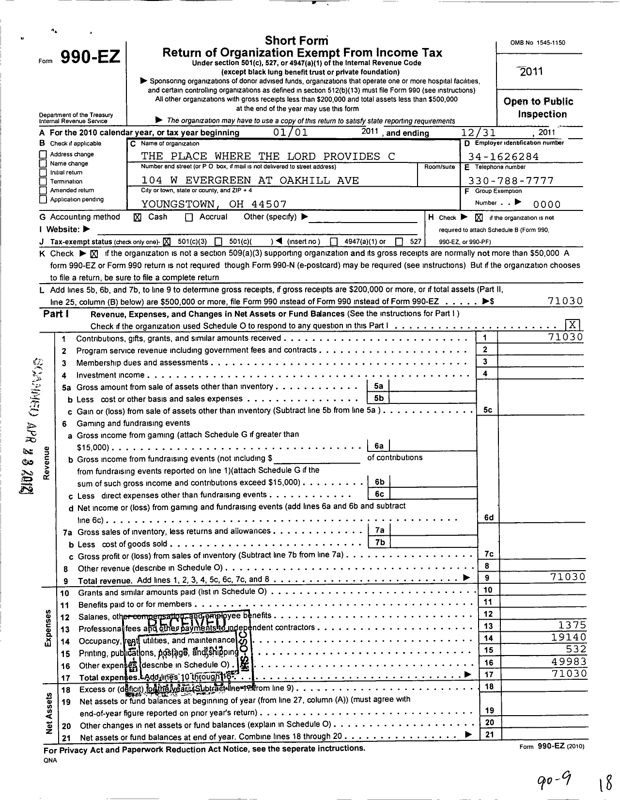 Image of first page of 2011 Form 990EZ for Place Where the Lord Provides C
