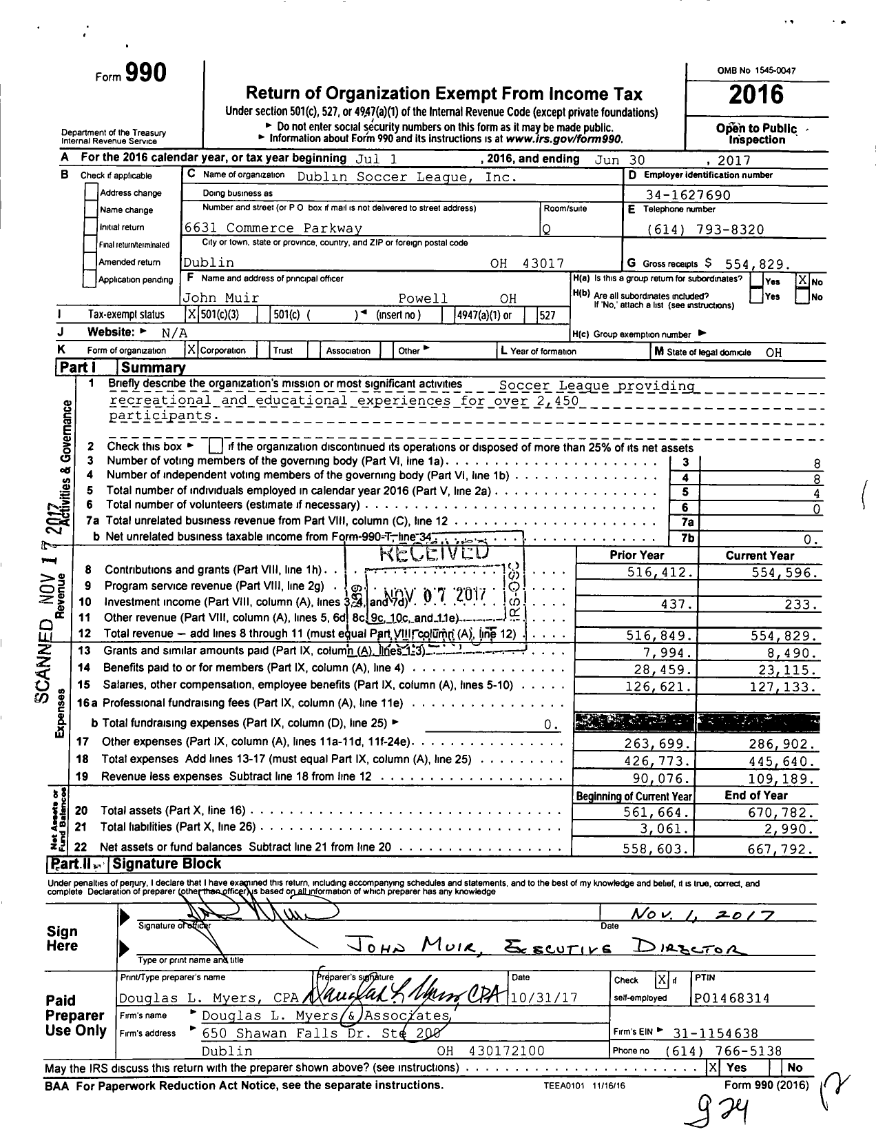 Image of first page of 2016 Form 990 for Dublin Soccer League