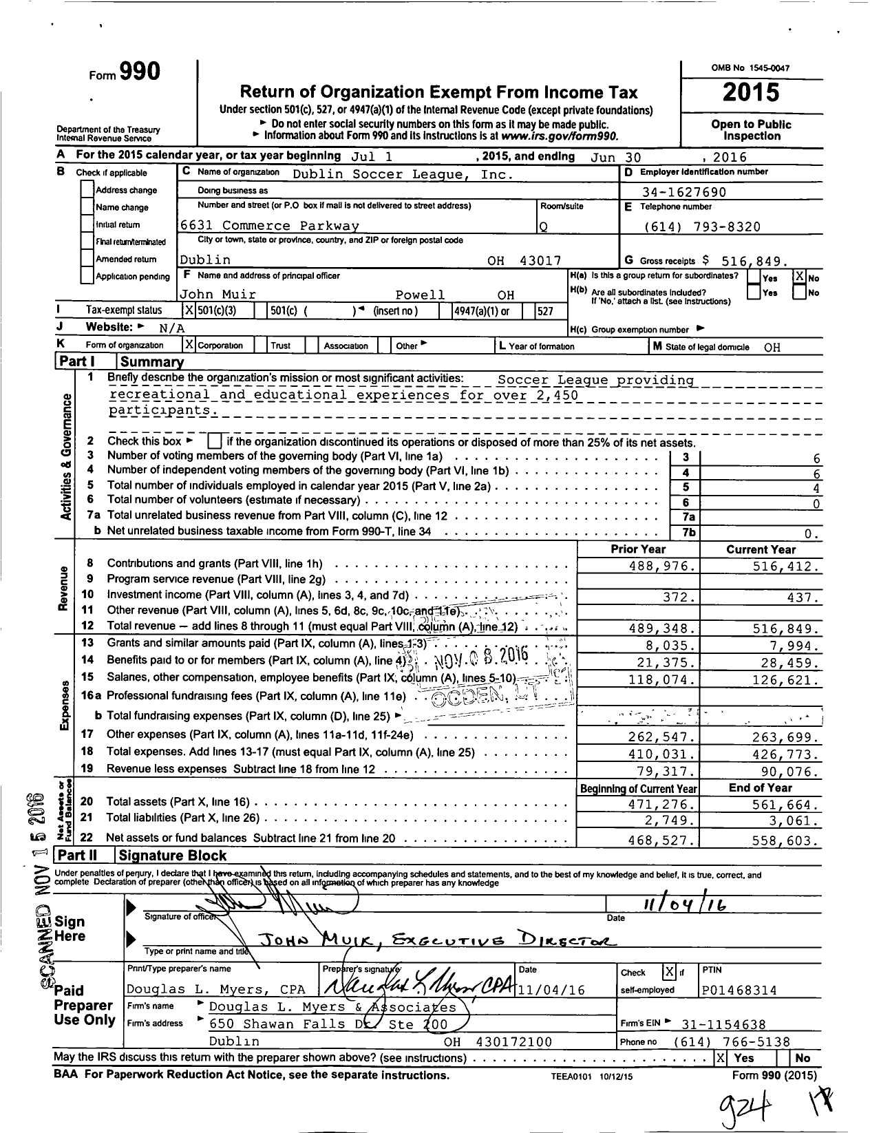 Image of first page of 2015 Form 990 for Dublin Soccer League