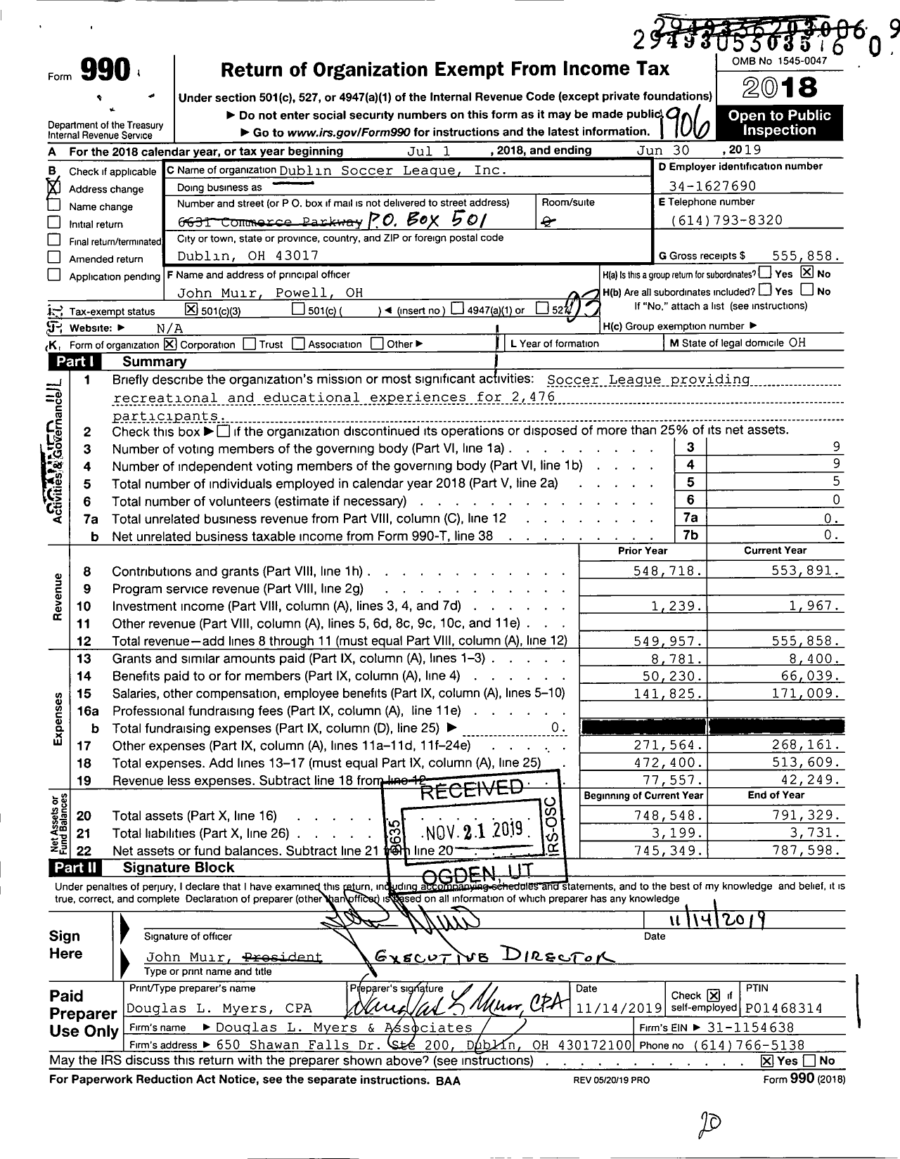 Image of first page of 2018 Form 990 for Dublin Soccer League