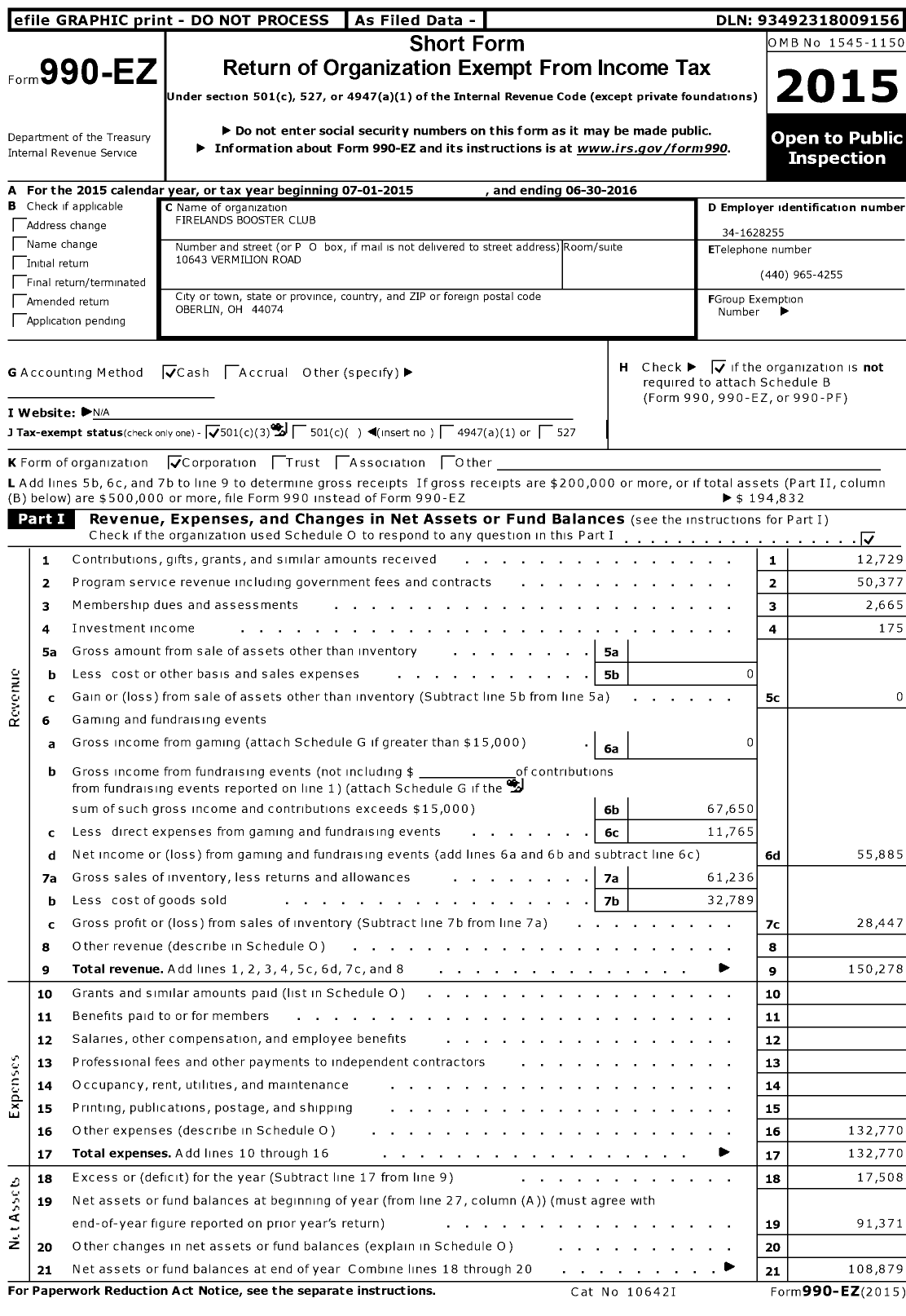 Image of first page of 2015 Form 990EZ for Firelands Booster Club