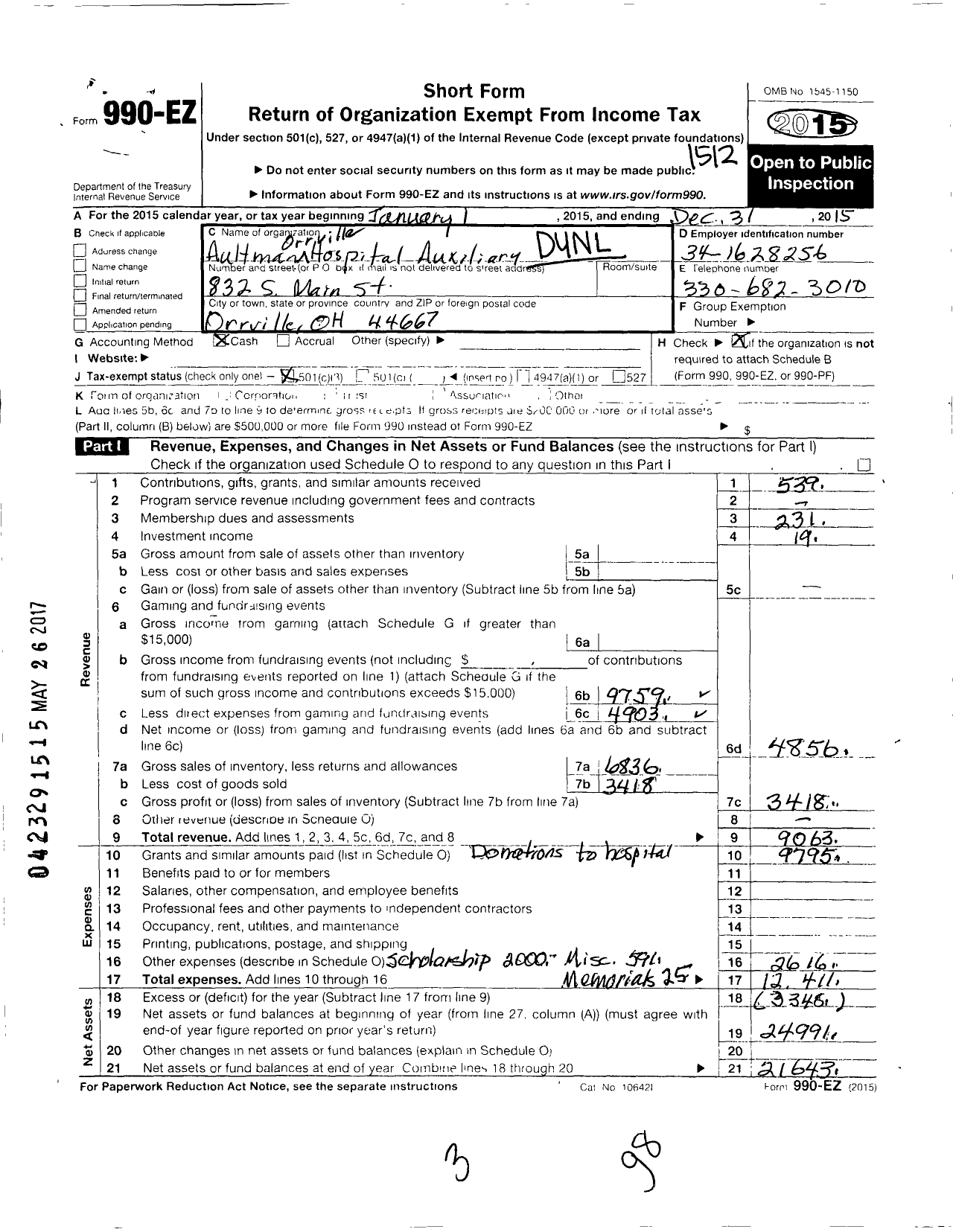 Image of first page of 2015 Form 990EZ for Aultman Orrville Auxiliary Hospital