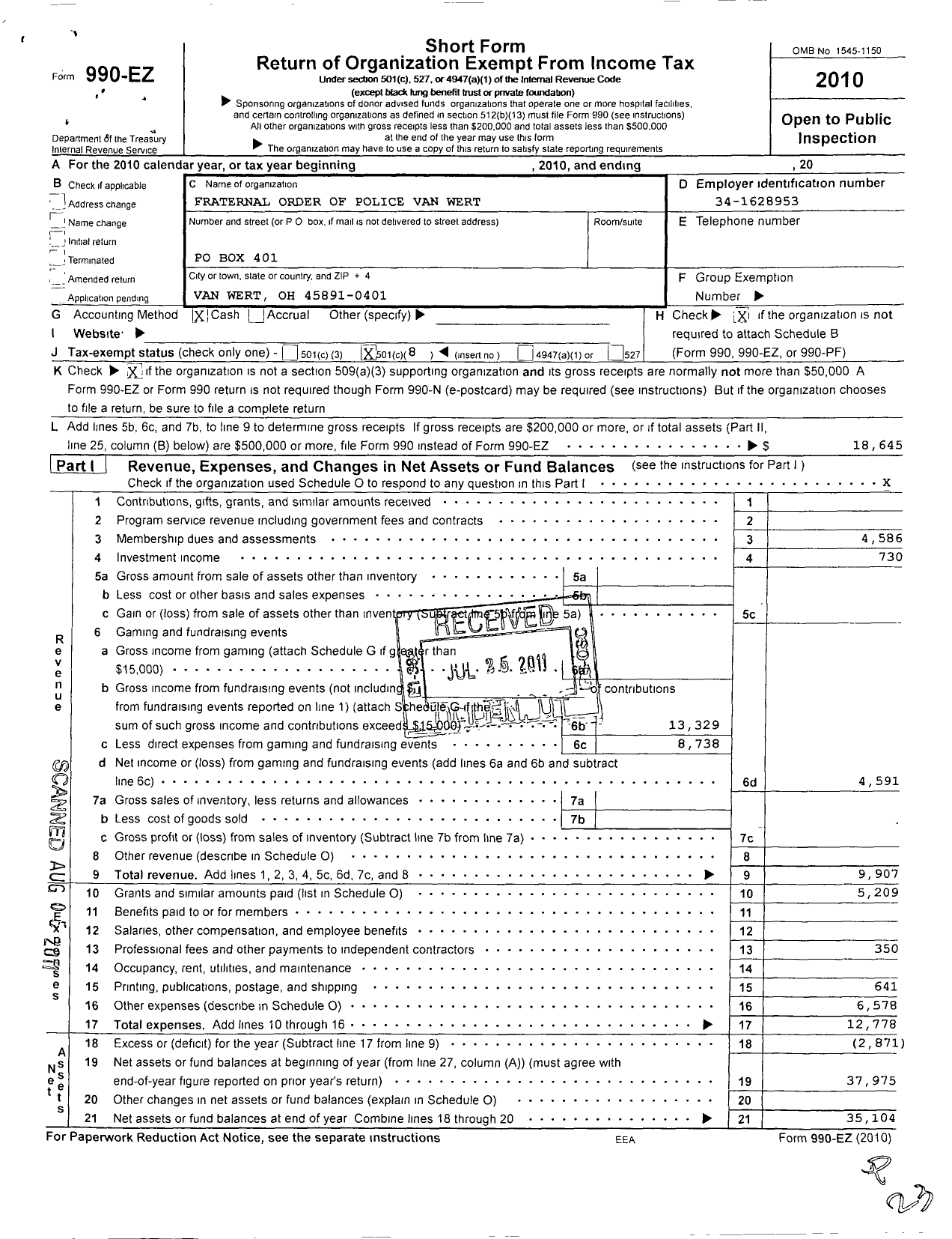 Image of first page of 2010 Form 990EO for Fraternal Order of Police - 62 Van Wert Lodge