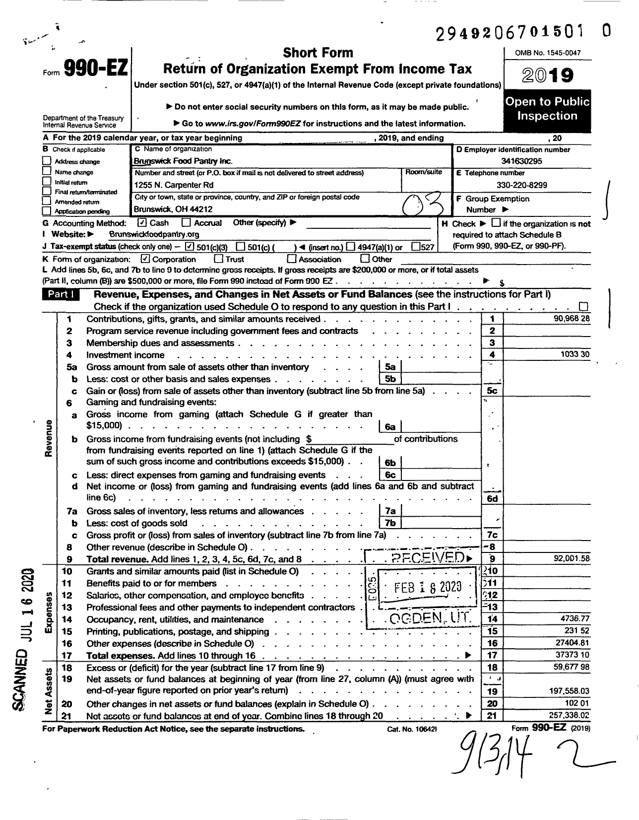 Image of first page of 2019 Form 990EZ for Brunswick Food Pantry