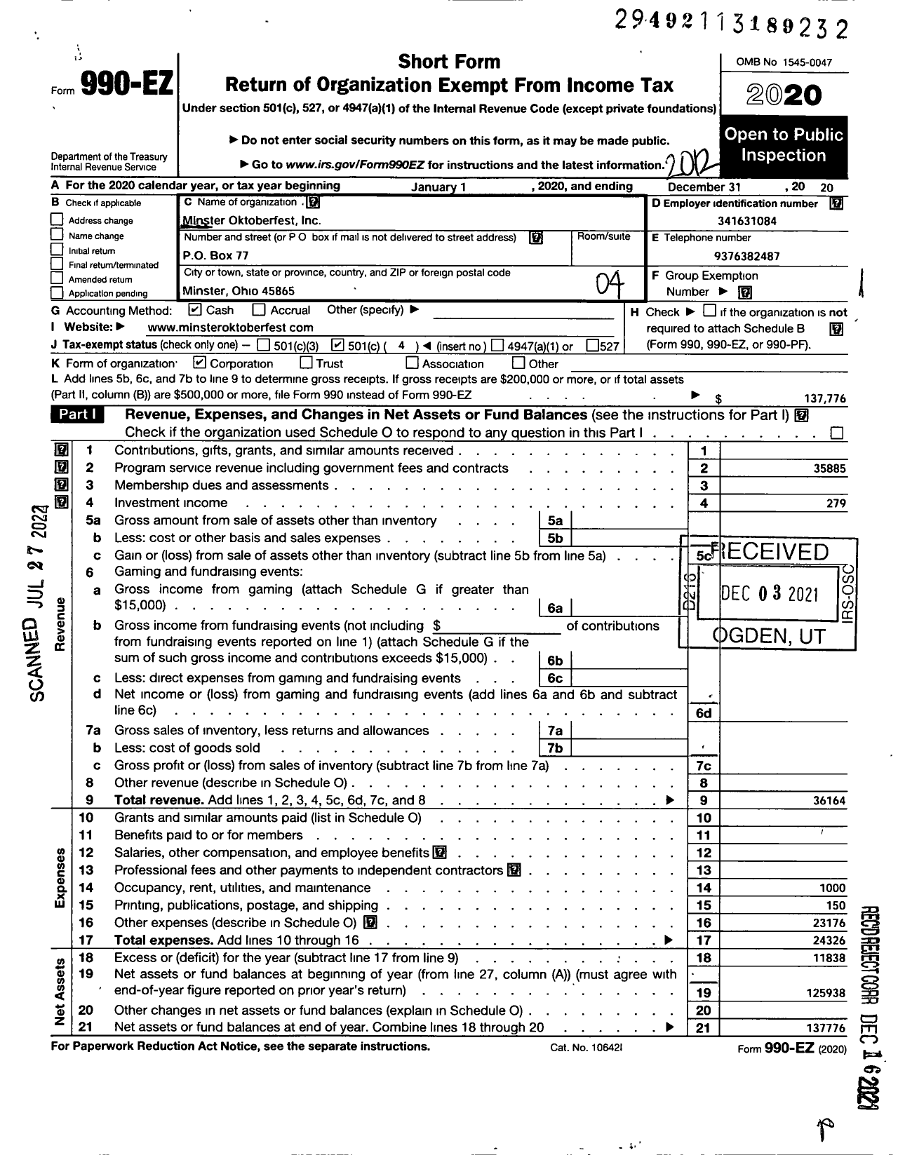 Image of first page of 2020 Form 990EO for Minster Oktoberfest