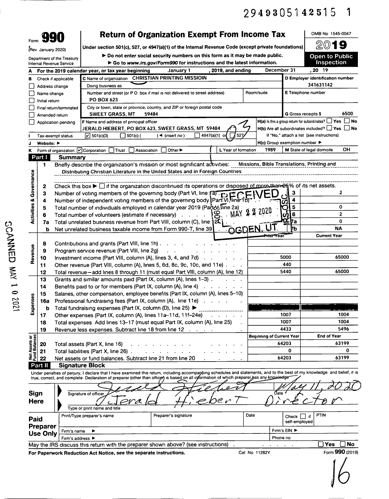 Image of first page of 2019 Form 990 for Christian Printing Mission