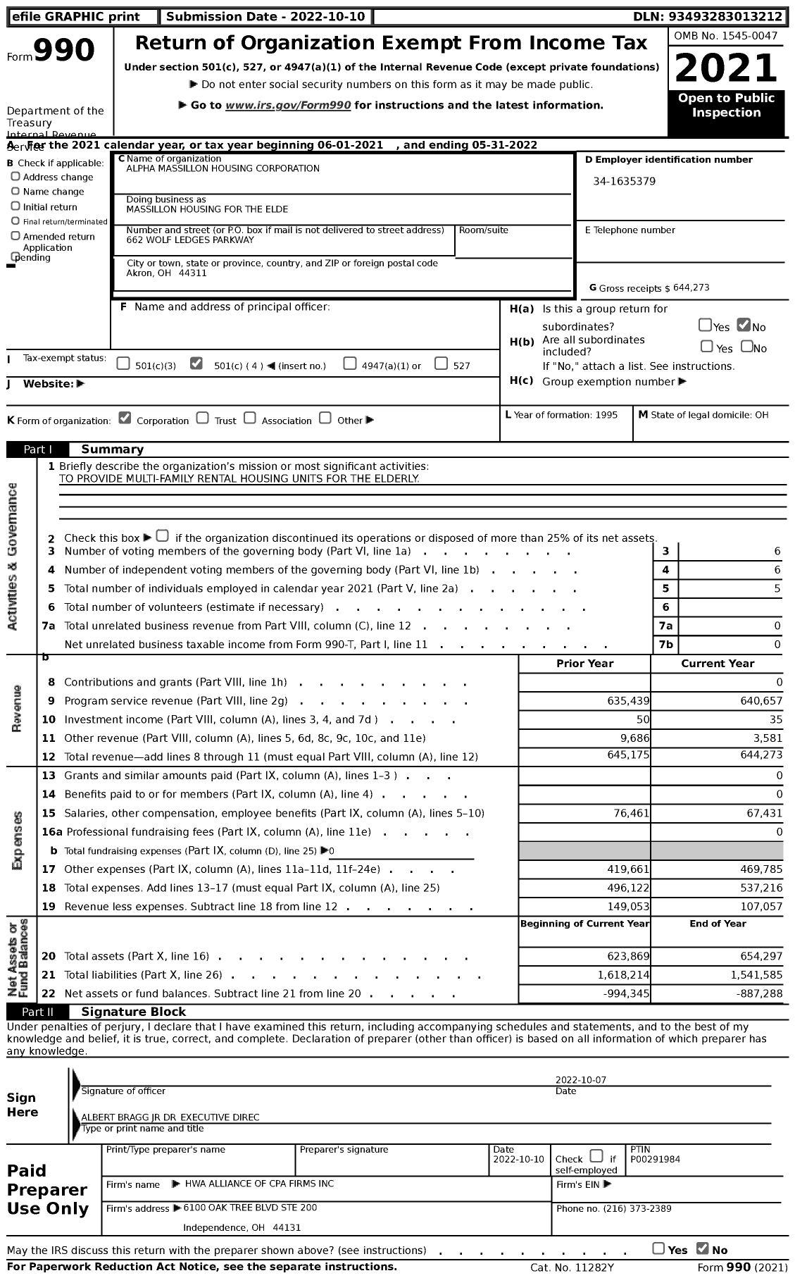 Image of first page of 2021 Form 990 for Massillon Housing for the Elde