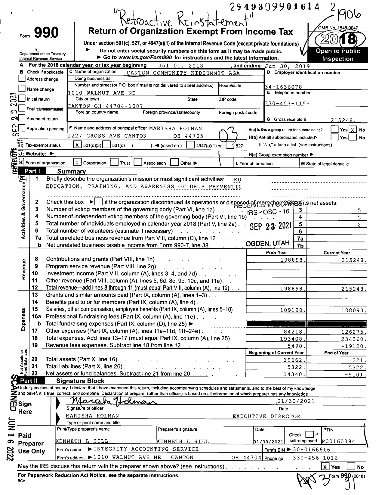 Image of first page of 2018 Form 990 for Canton Community Kidsummit Against Drugs