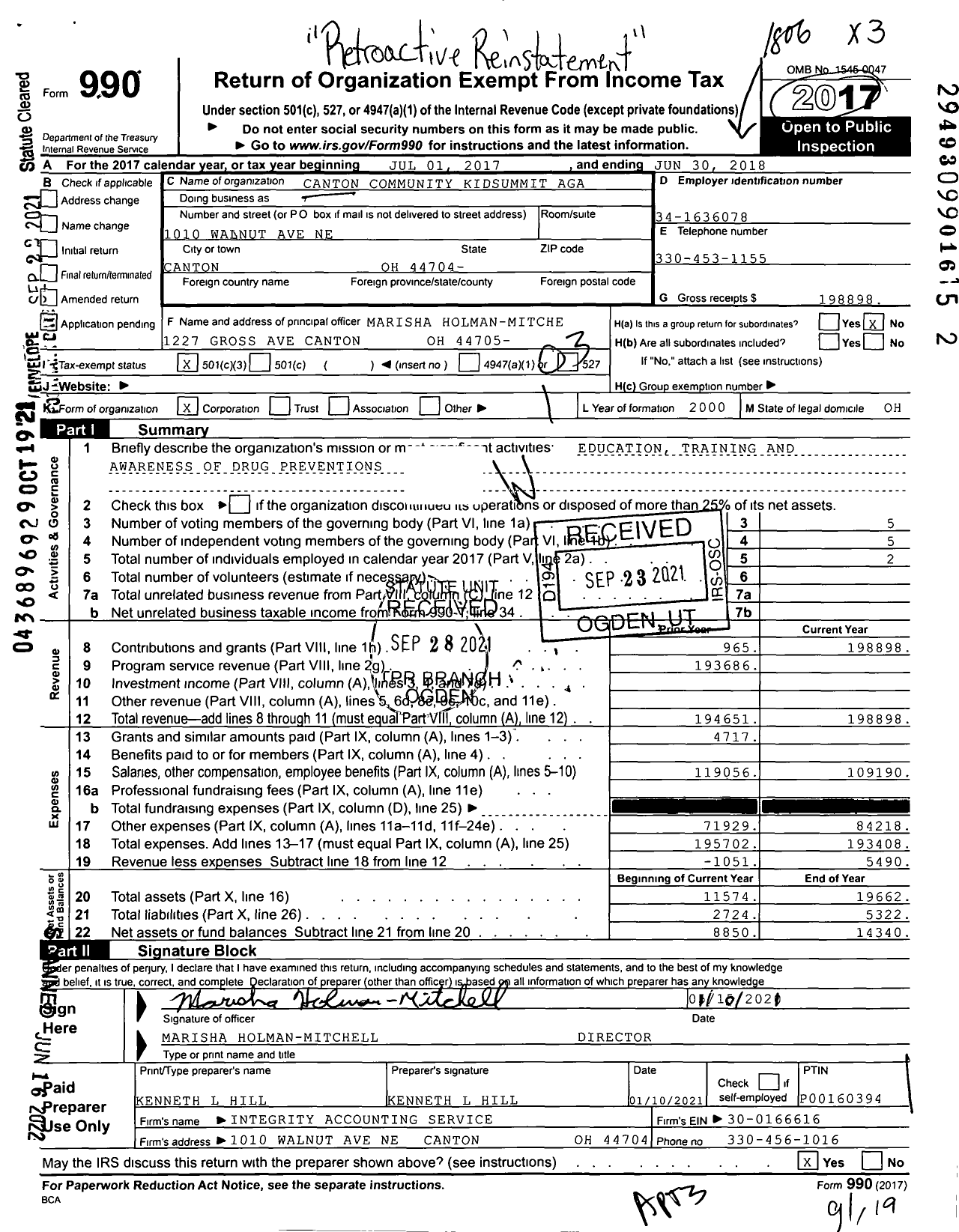 Image of first page of 2017 Form 990 for Canton Community Kidsummit Against Drugs