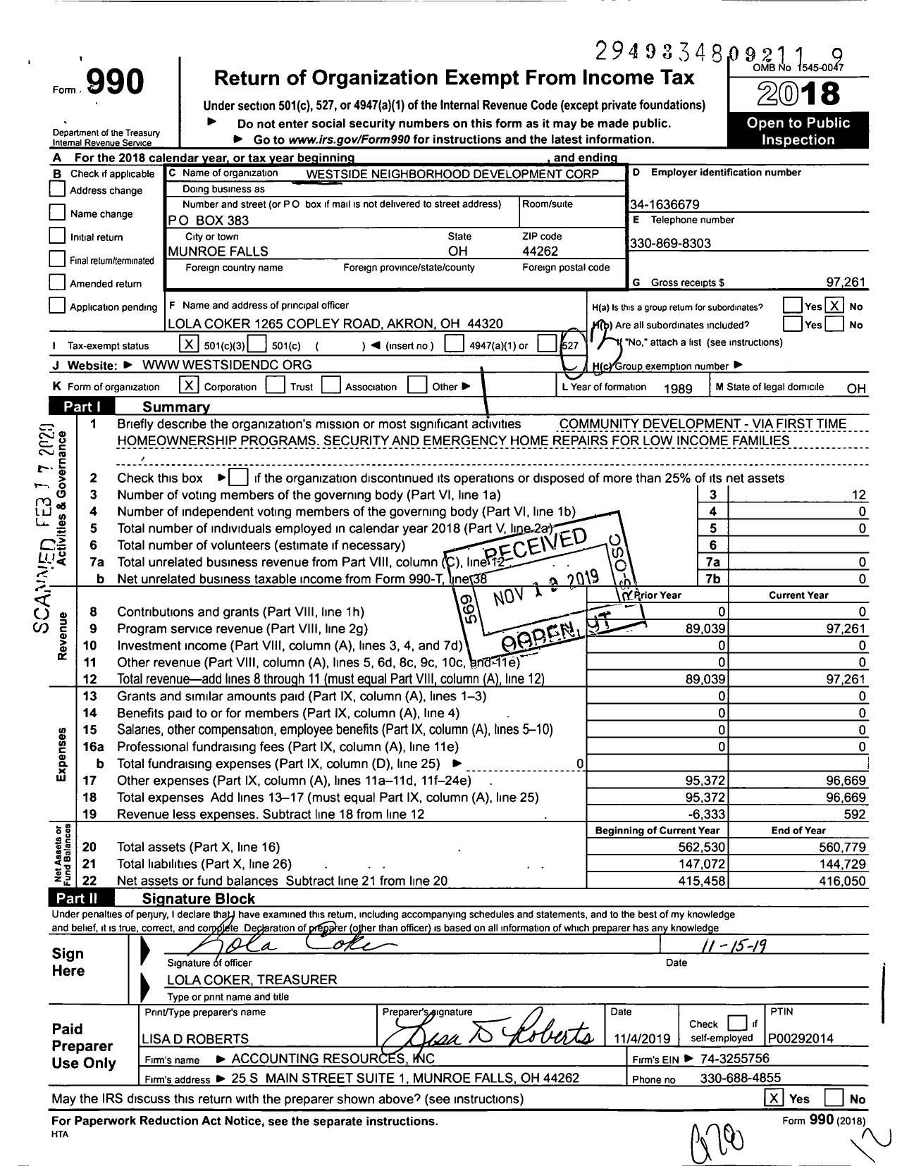 Image of first page of 2018 Form 990 for Westside Neighborhood Development