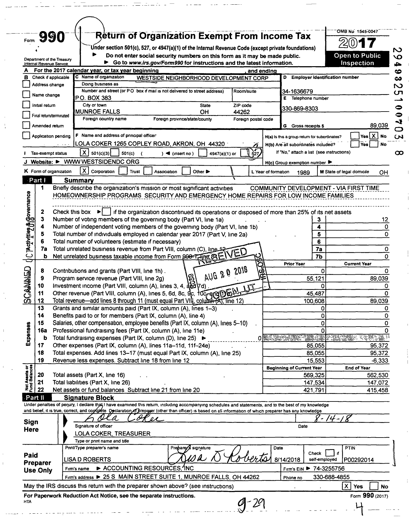 Image of first page of 2017 Form 990 for Westside Neighborhood Development