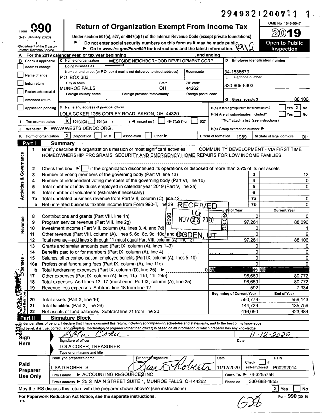 Image of first page of 2019 Form 990 for Westside Neighborhood Development