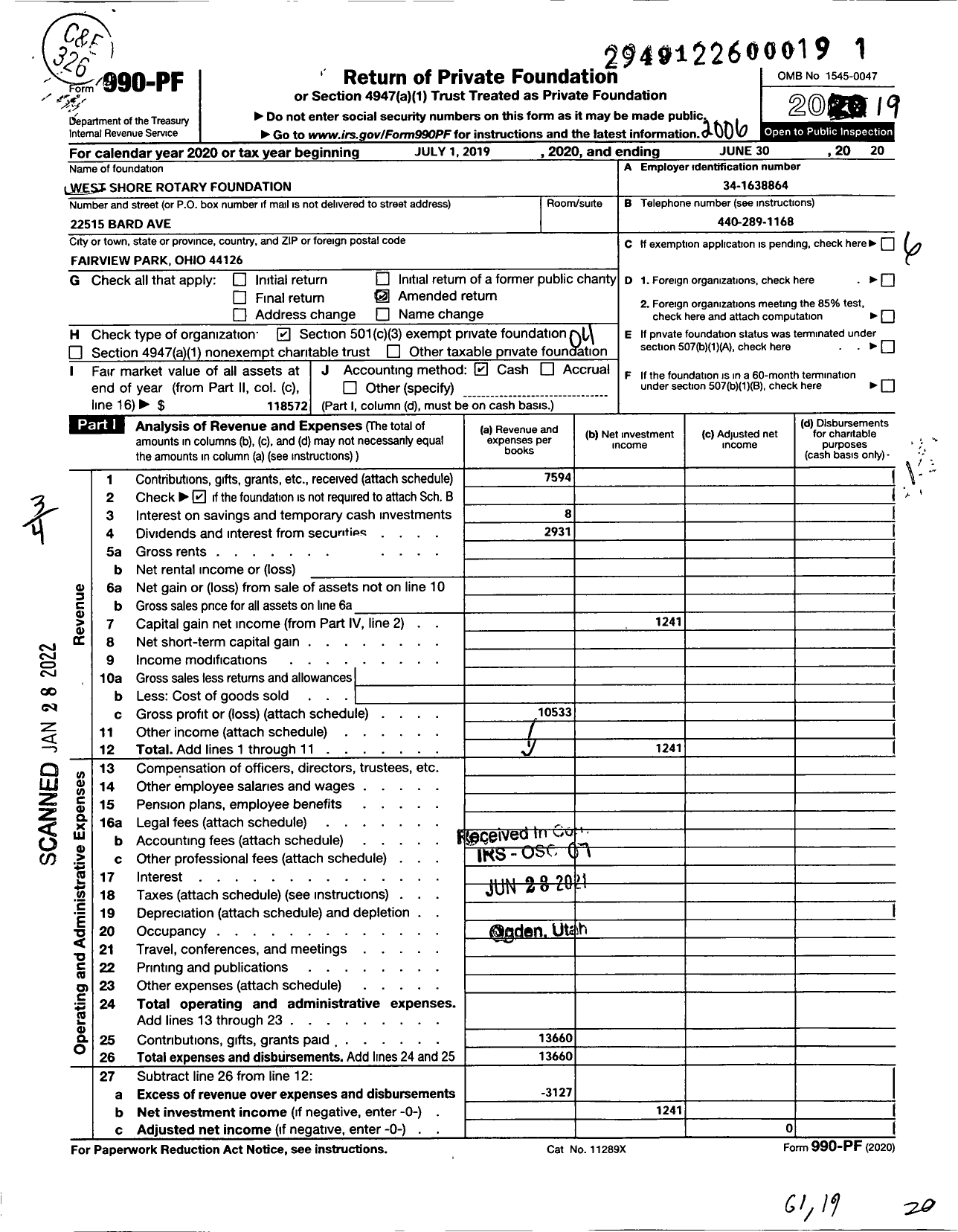 Image of first page of 2019 Form 990PF for West Shore Rotary Foundation