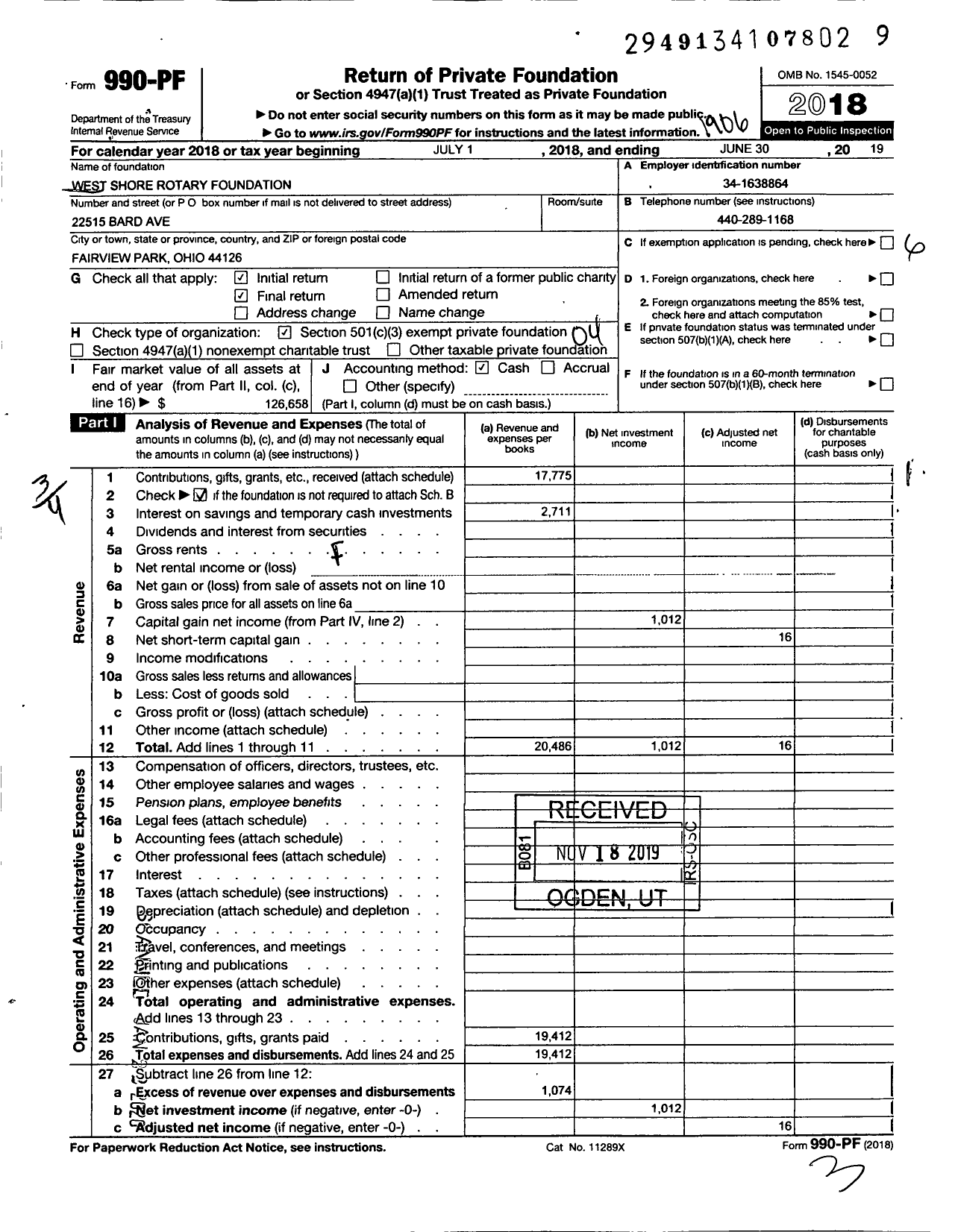 Image of first page of 2018 Form 990PF for West Shore Rotary Foundation