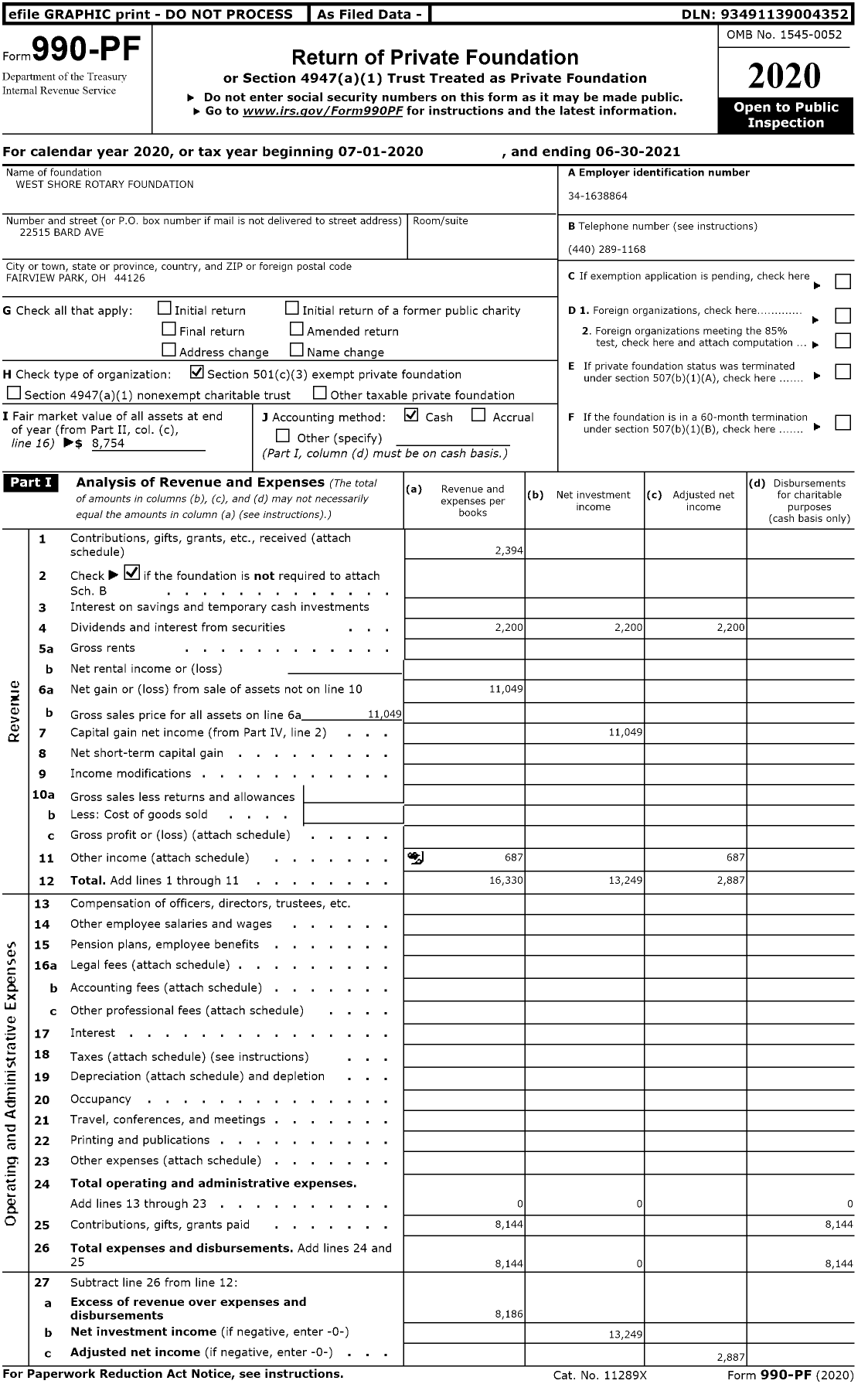 Image of first page of 2020 Form 990PF for West Shore Rotary Foundation