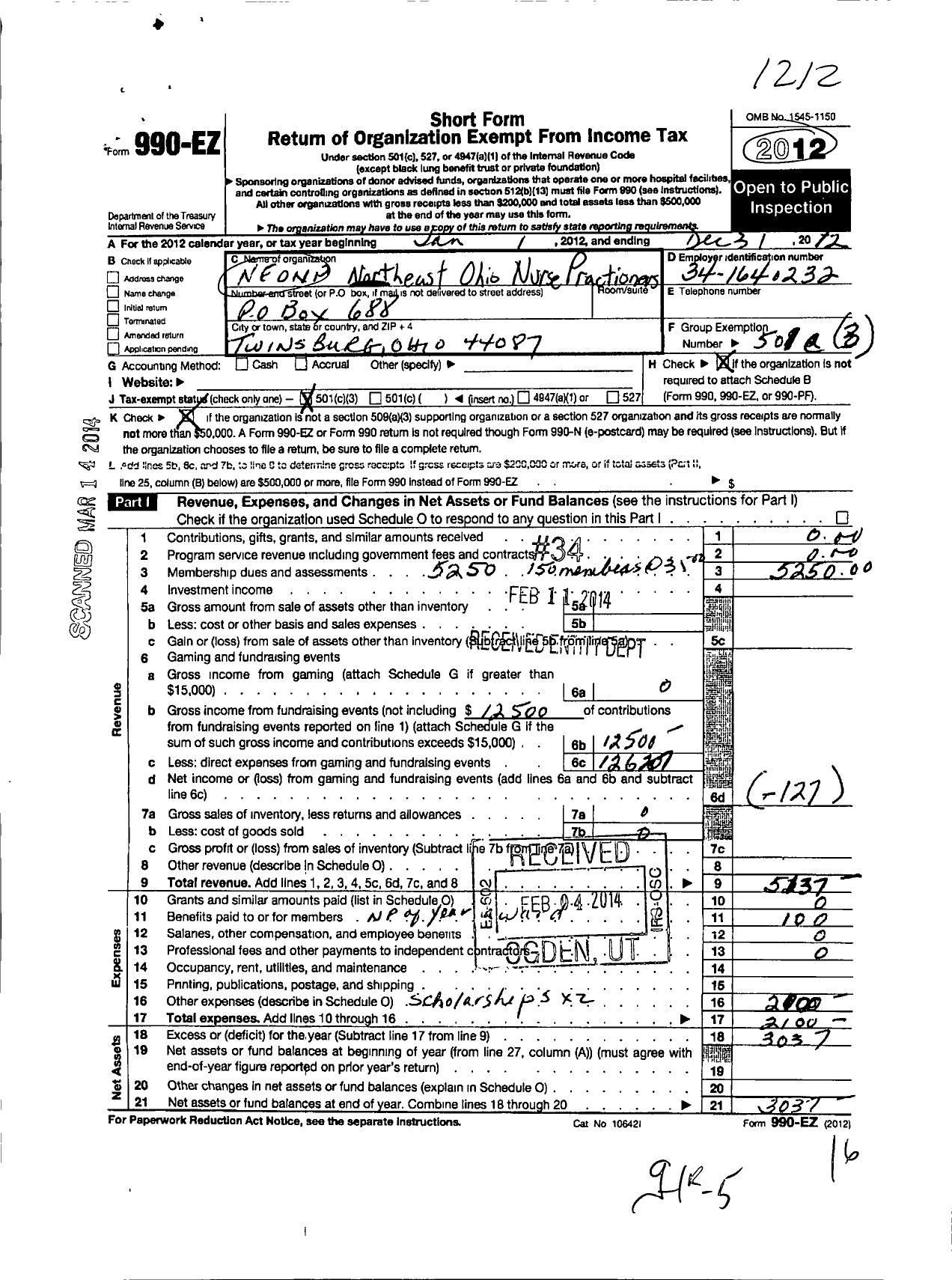 Image of first page of 2012 Form 990EZ for Northeast Ohio Nurse Practitioners (NEONP)