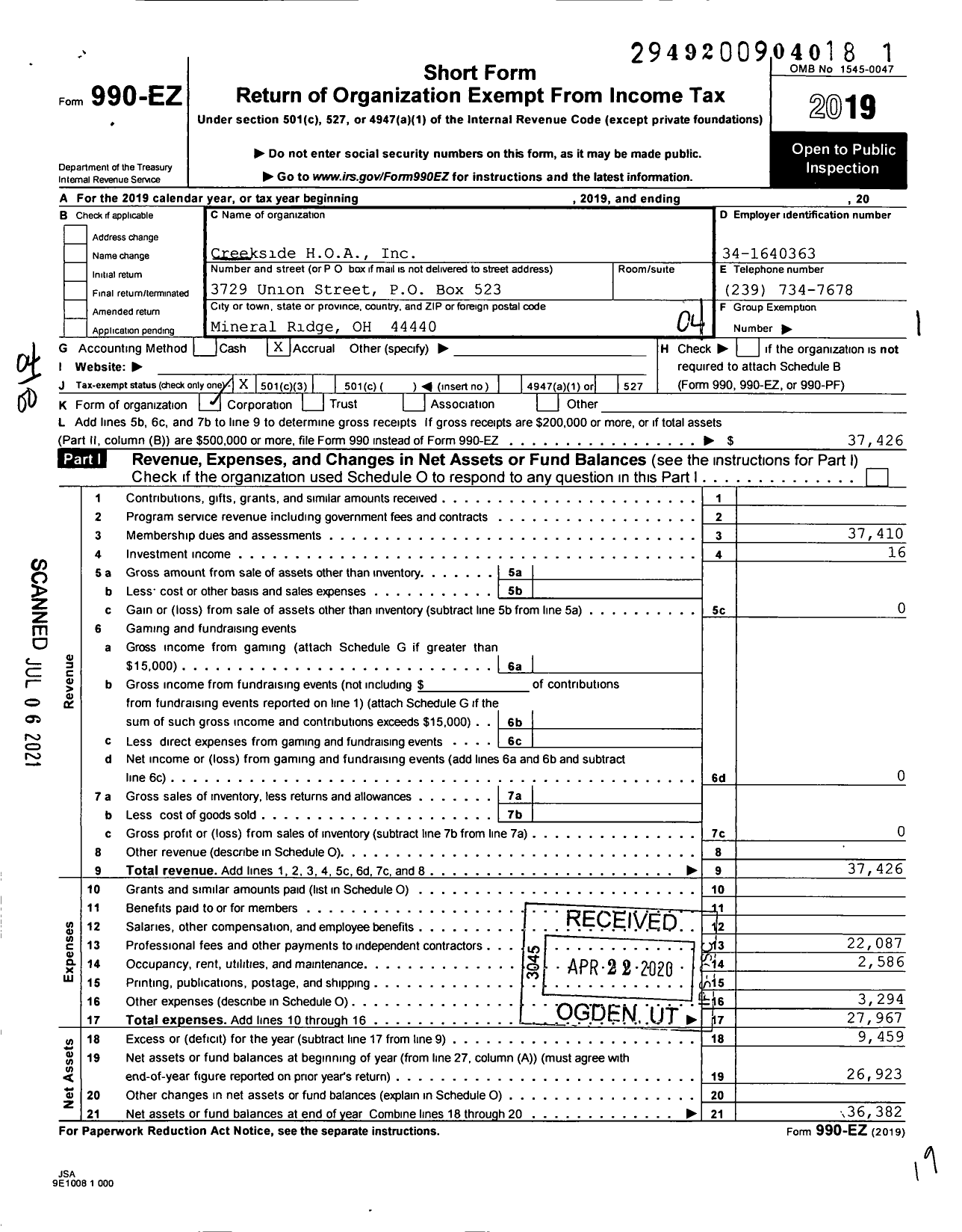 Image of first page of 2019 Form 990EO for Creekside Homeowners Association