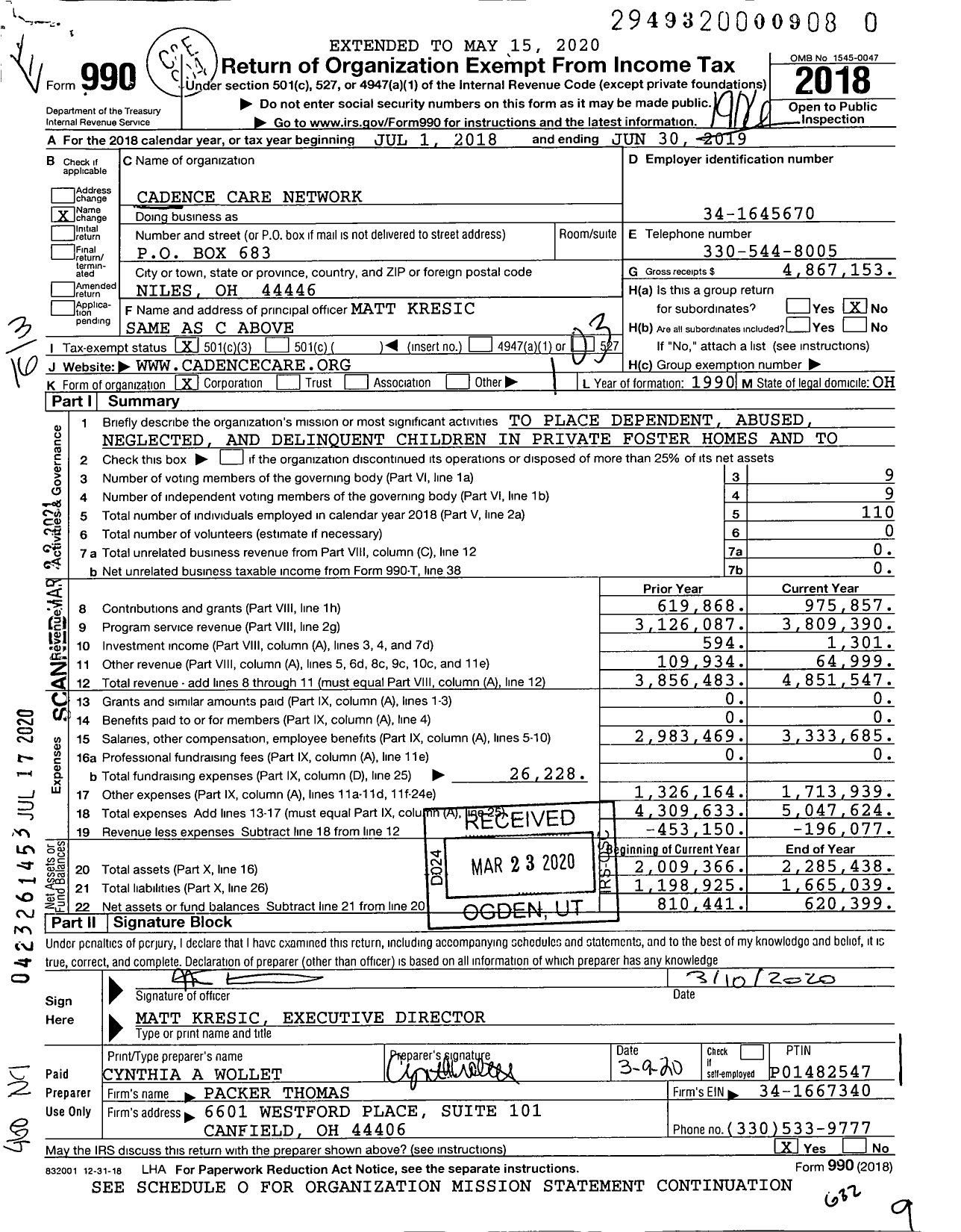 Image of first page of 2018 Form 990 for Cadence Care Network