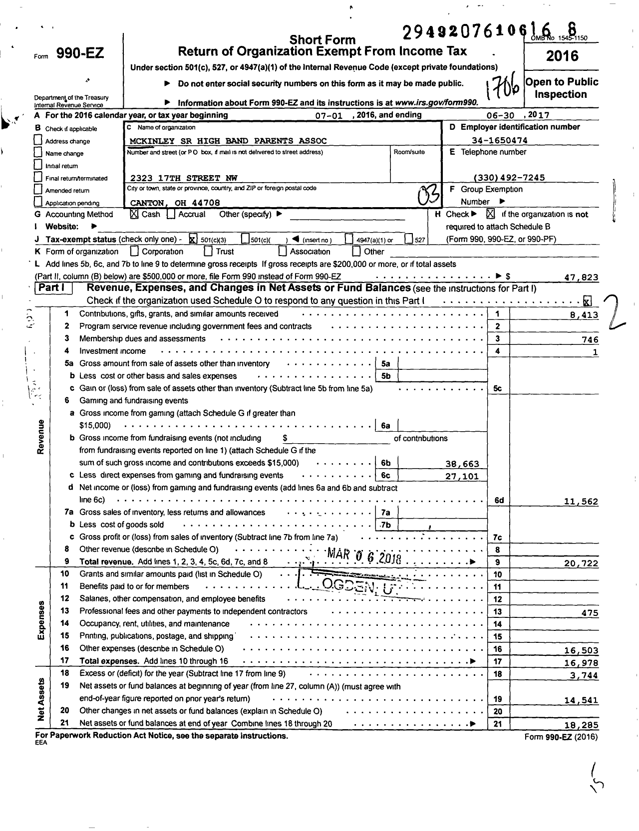 Image of first page of 2016 Form 990EZ for McKinley Senior High School Band Parents Assoc