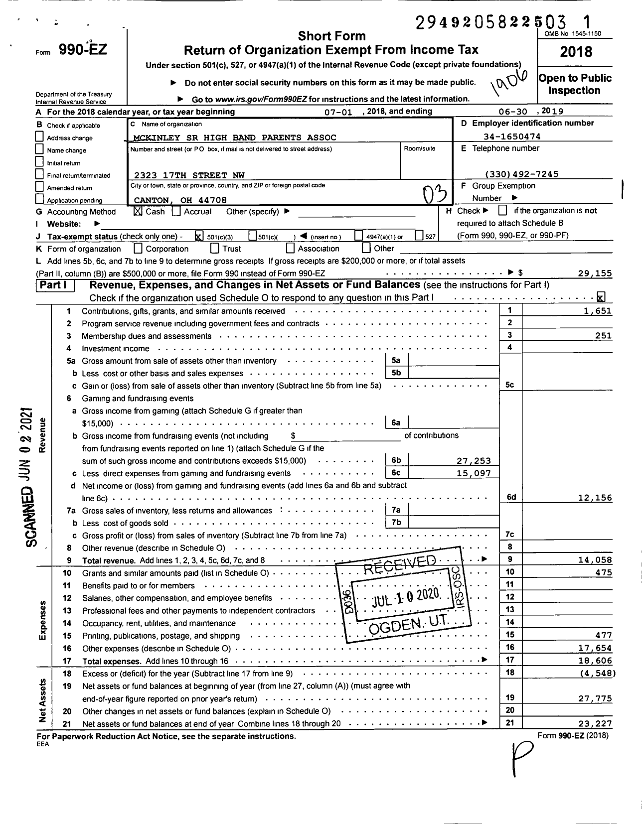 Image of first page of 2018 Form 990EZ for McKinley Senior High School Band Parents Assoc