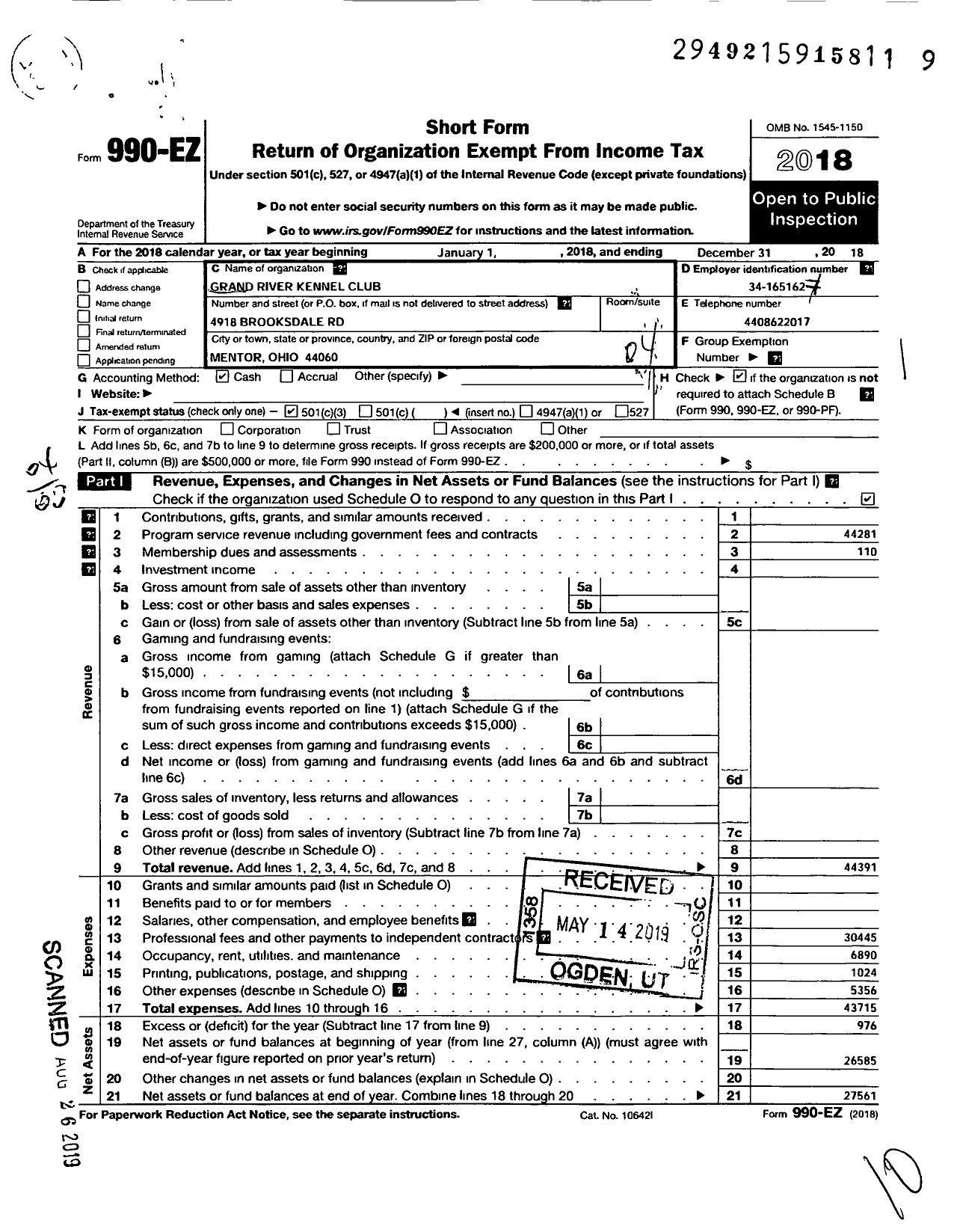 Image of first page of 2018 Form 990EO for Grand River Kennel Club