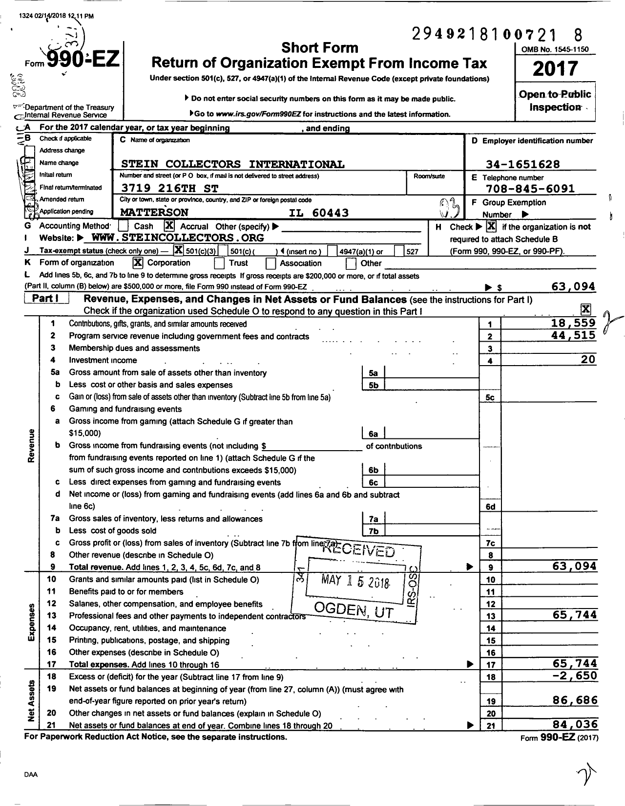 Image of first page of 2017 Form 990EZ for Stein Collectors International