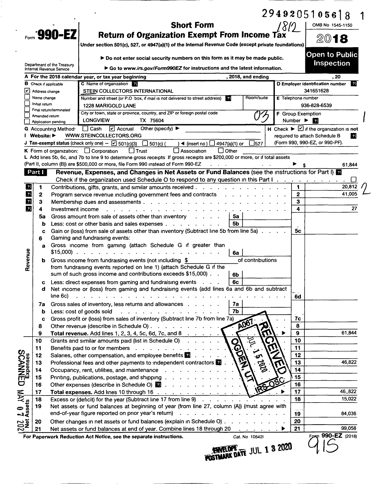 Image of first page of 2018 Form 990EZ for Stein Collectors International