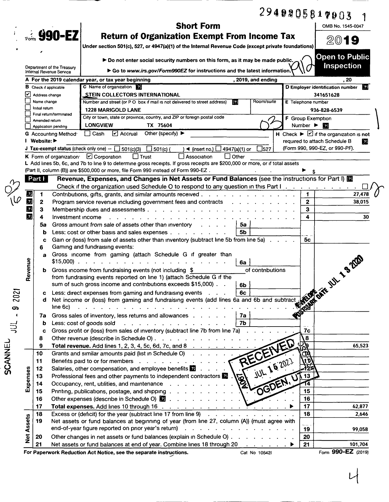 Image of first page of 2019 Form 990EZ for Stein Collectors International