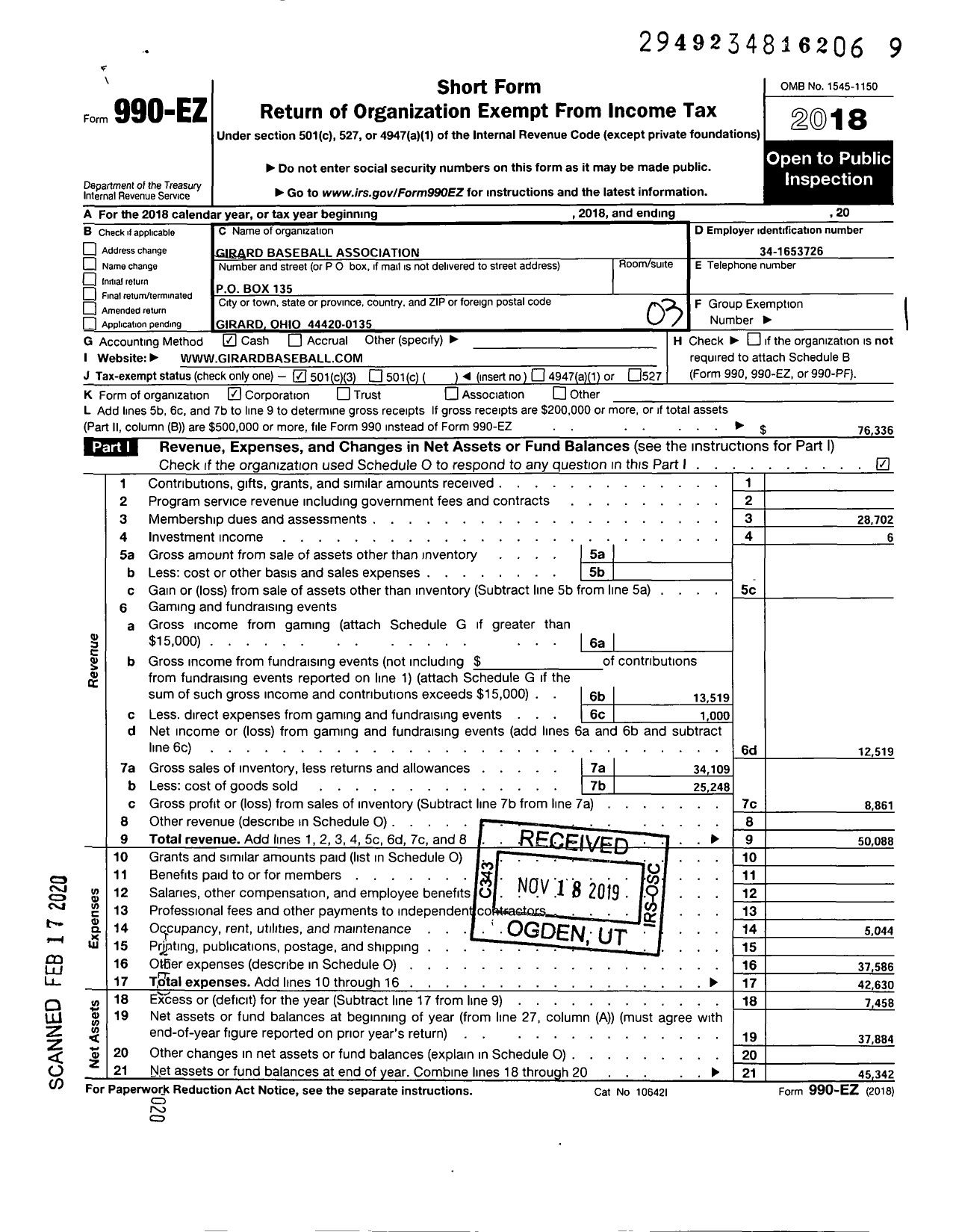 Image of first page of 2018 Form 990EZ for Girard Baseball Association