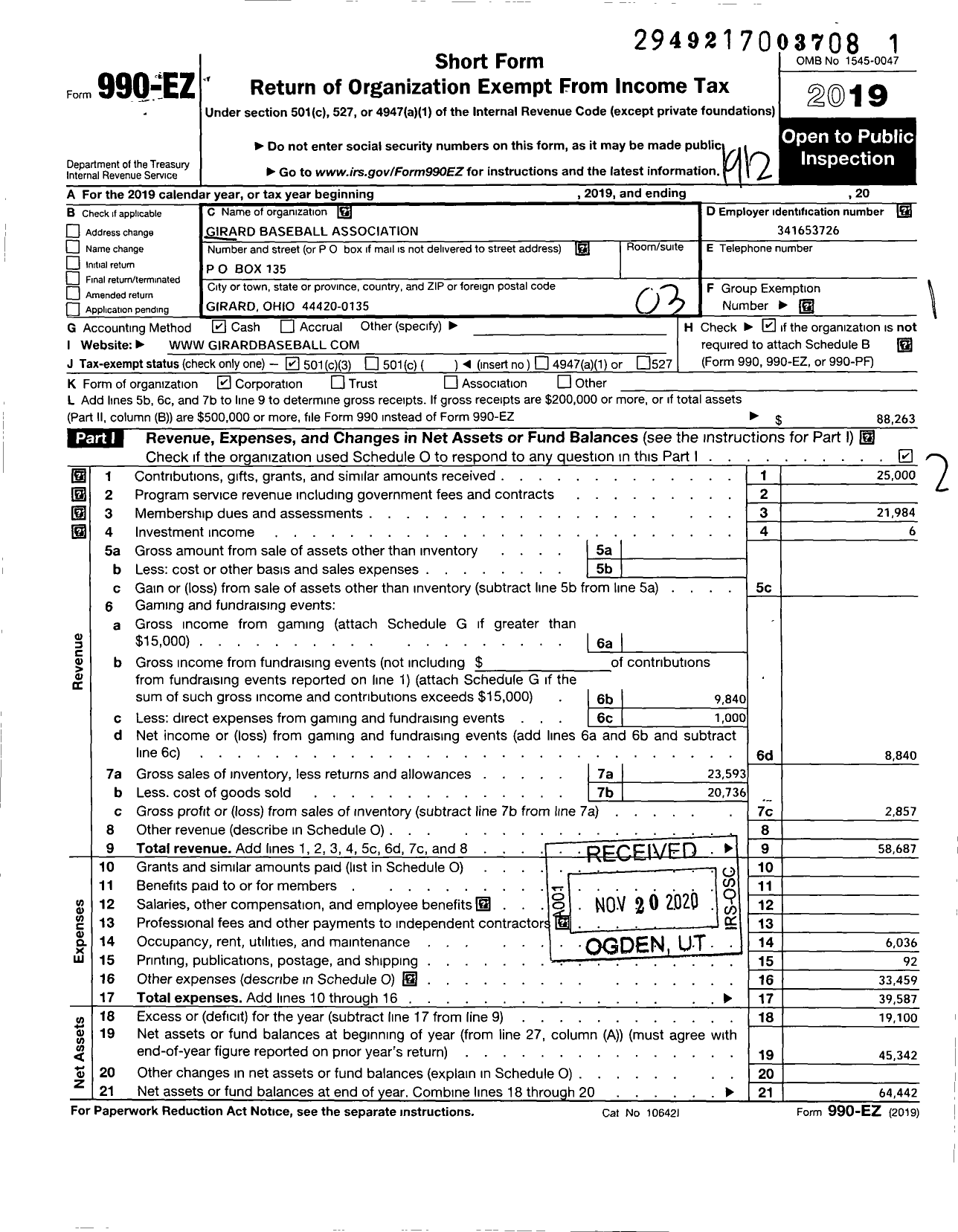 Image of first page of 2019 Form 990EZ for Girard Baseball Association