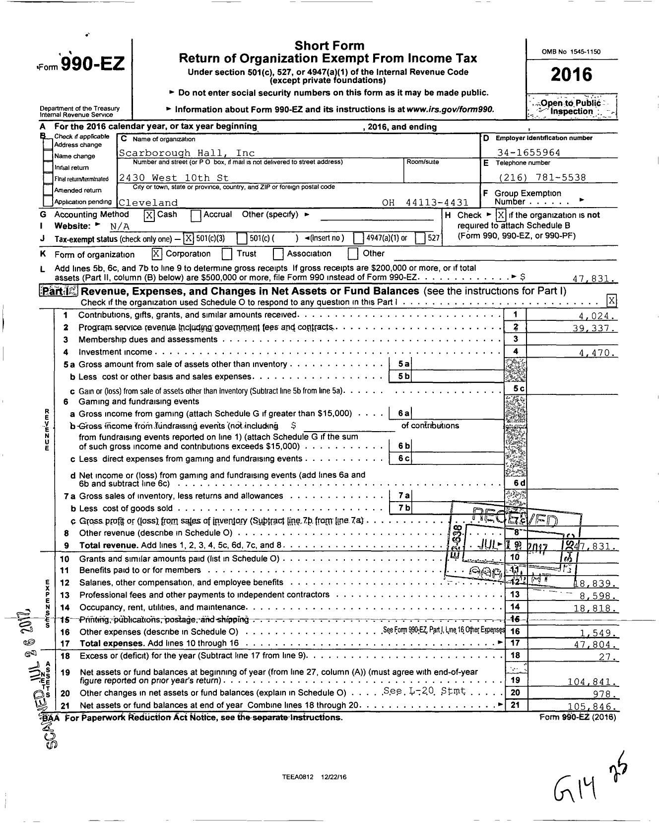 Image of first page of 2016 Form 990EZ for Scarborough Hall