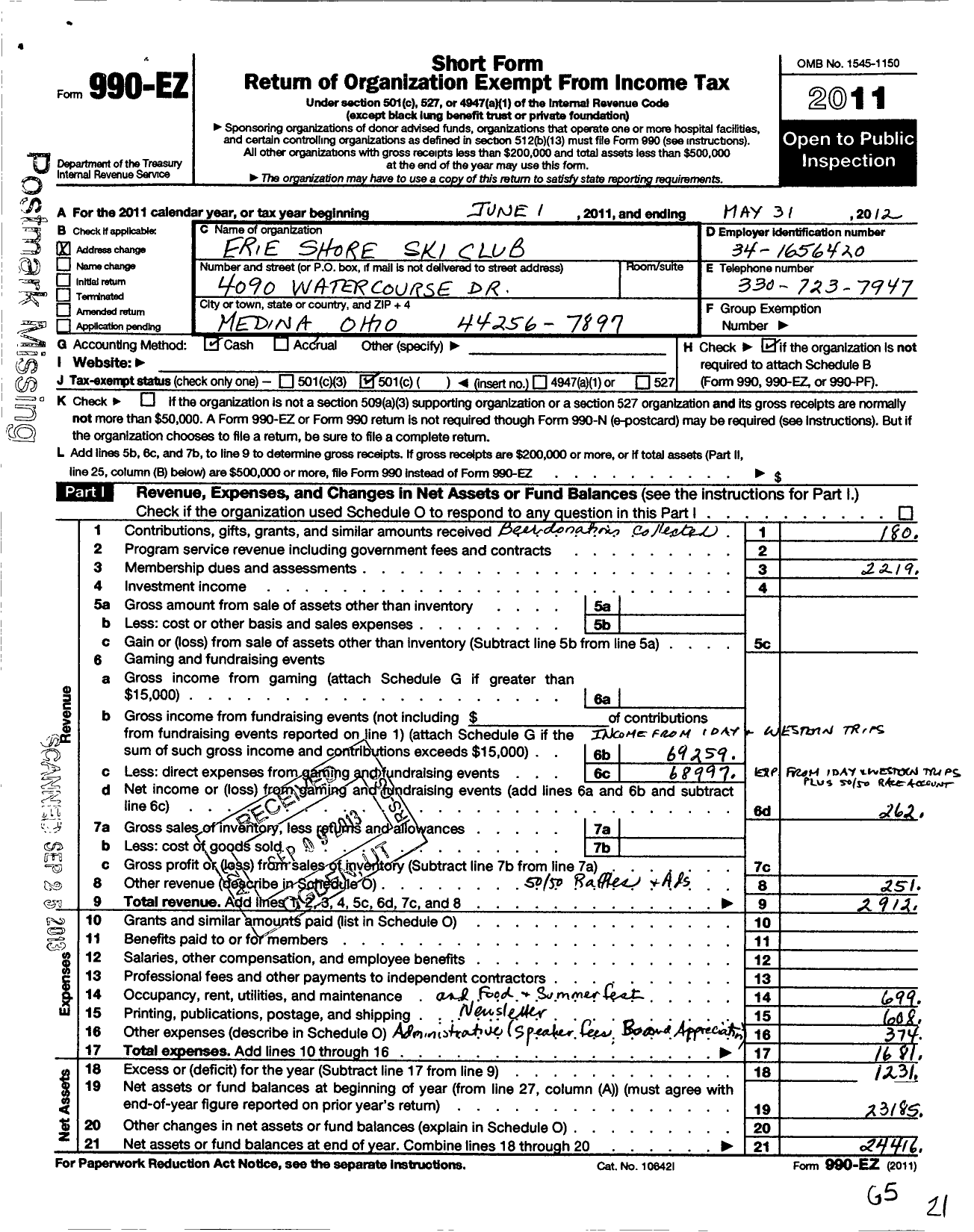 Image of first page of 2011 Form 990EO for Erie Shore Ski Club