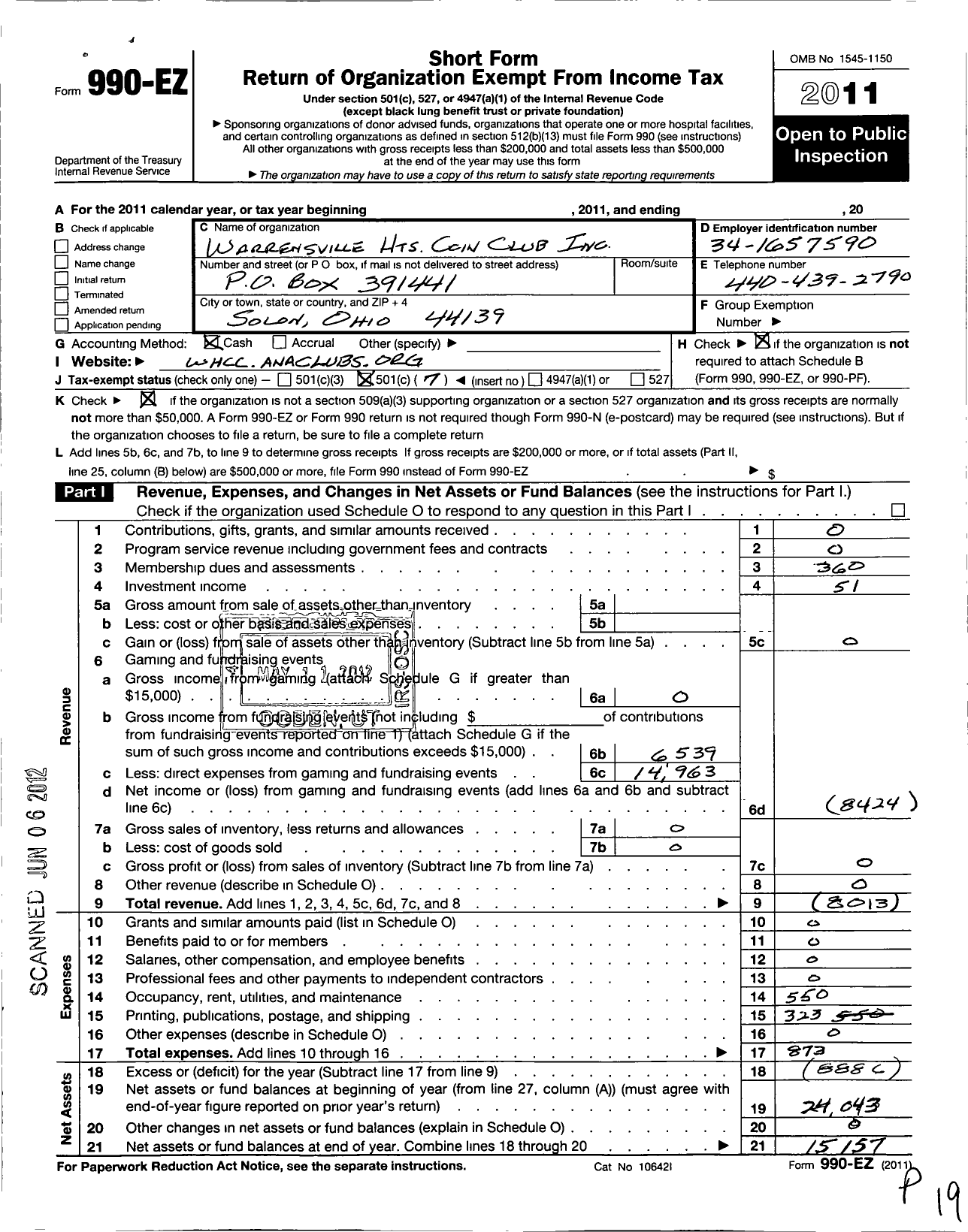 Image of first page of 2011 Form 990EO for Warrensville Heights Coin Club