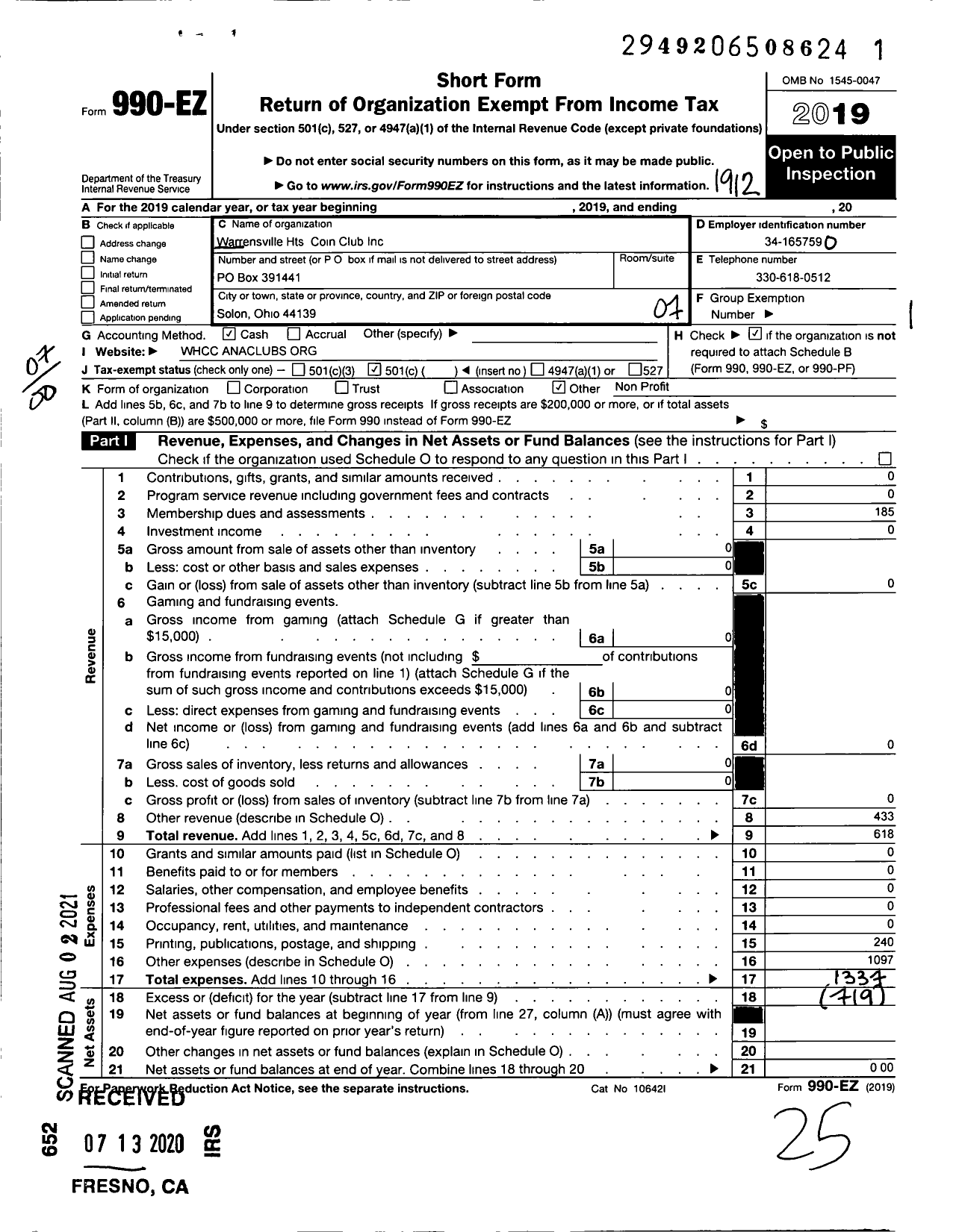 Image of first page of 2019 Form 990EO for Warrensville Heights Coin Club