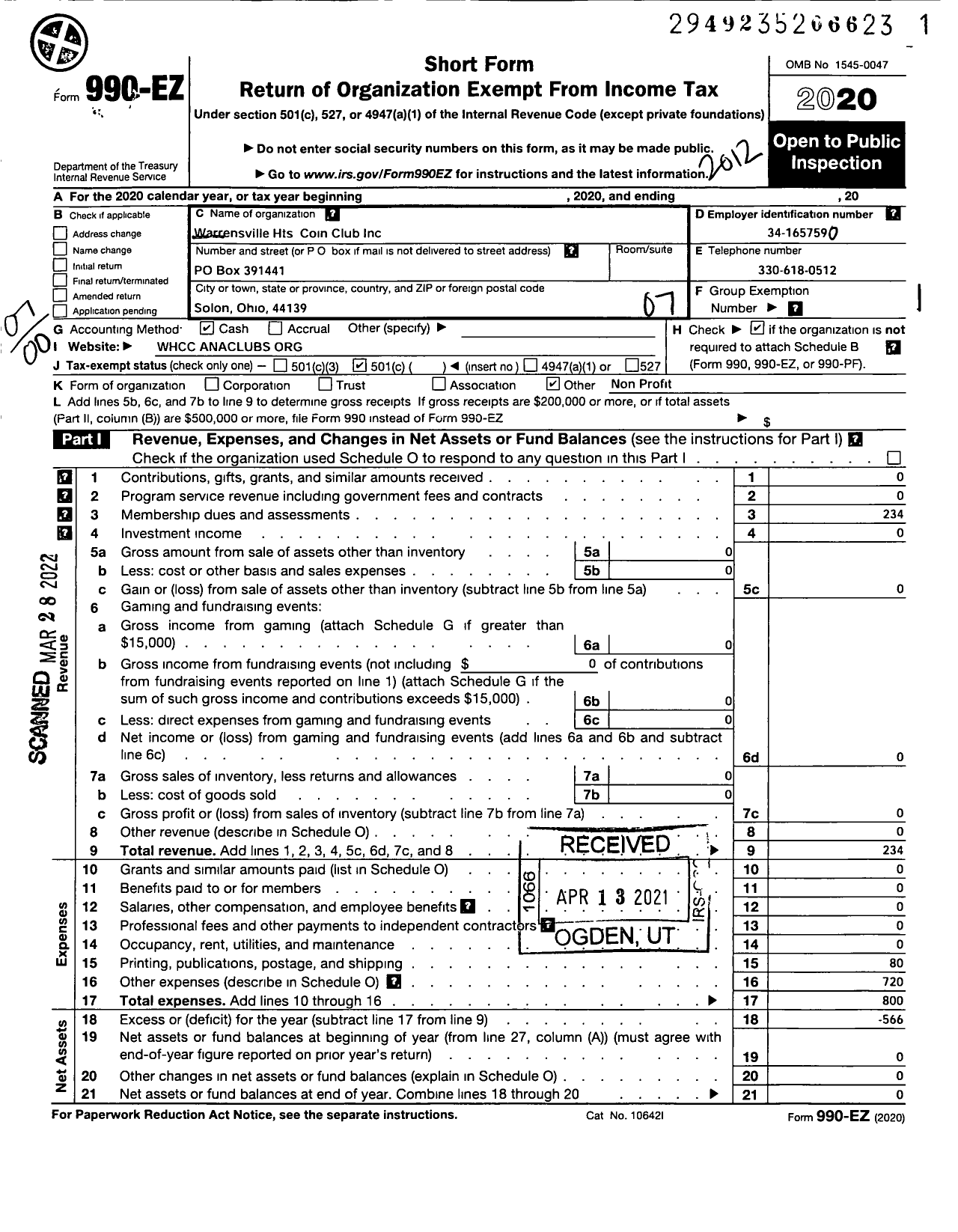 Image of first page of 2020 Form 990EO for Warrensville Heights Coin Club