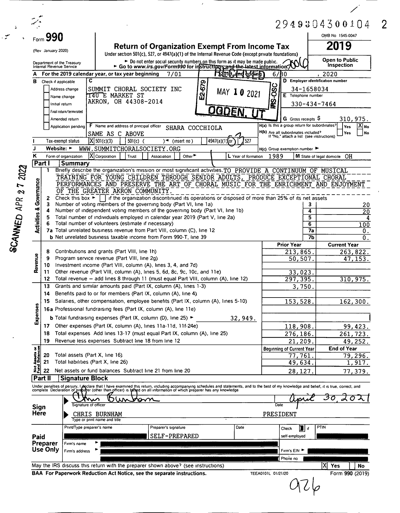 Image of first page of 2019 Form 990 for Summit Choral Society